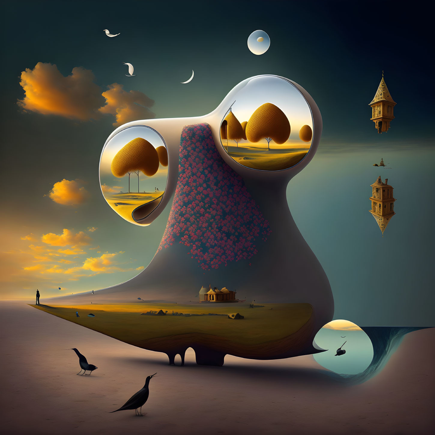 Surreal landscape with floating islands, reflective surfaces, birds, and lone observer