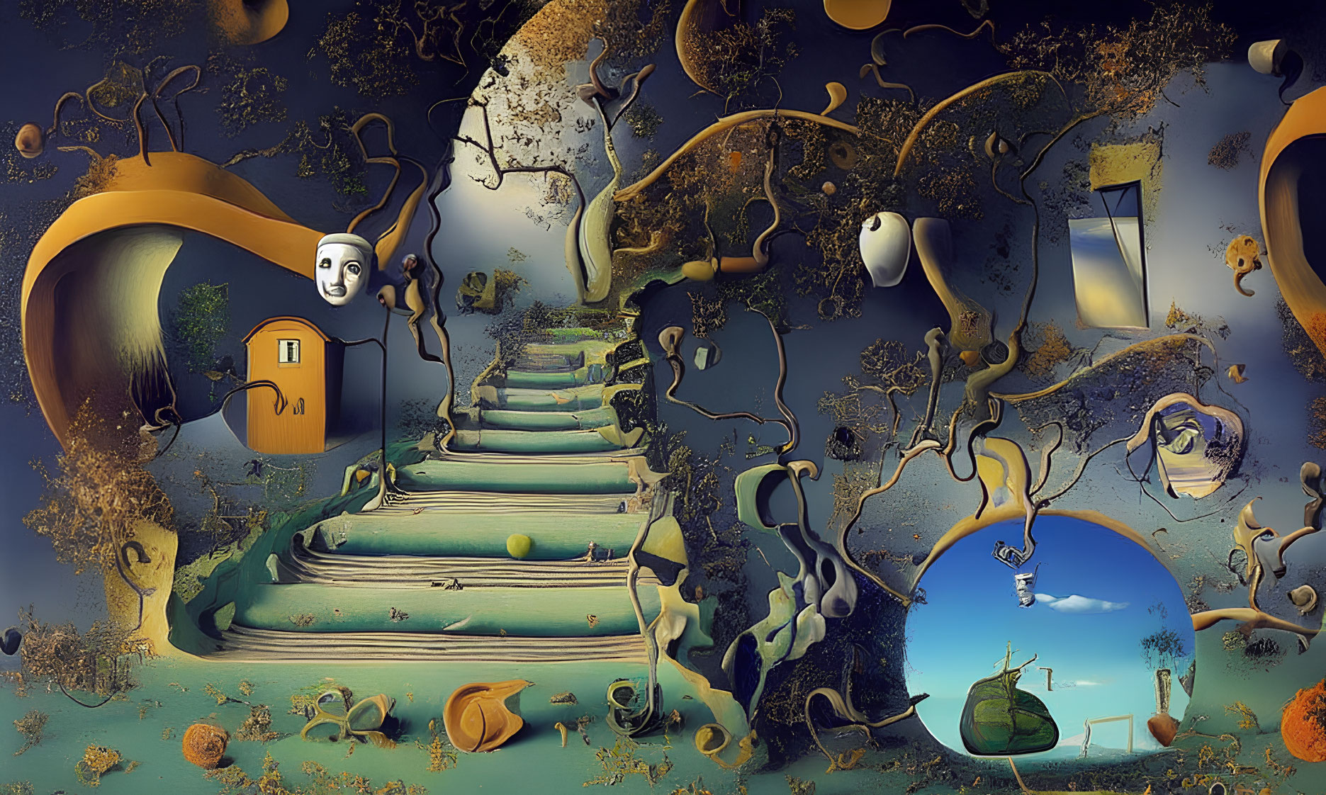 Surreal landscape featuring floating masks, winding stairs, peculiar trees, and gravity-defying objects against
