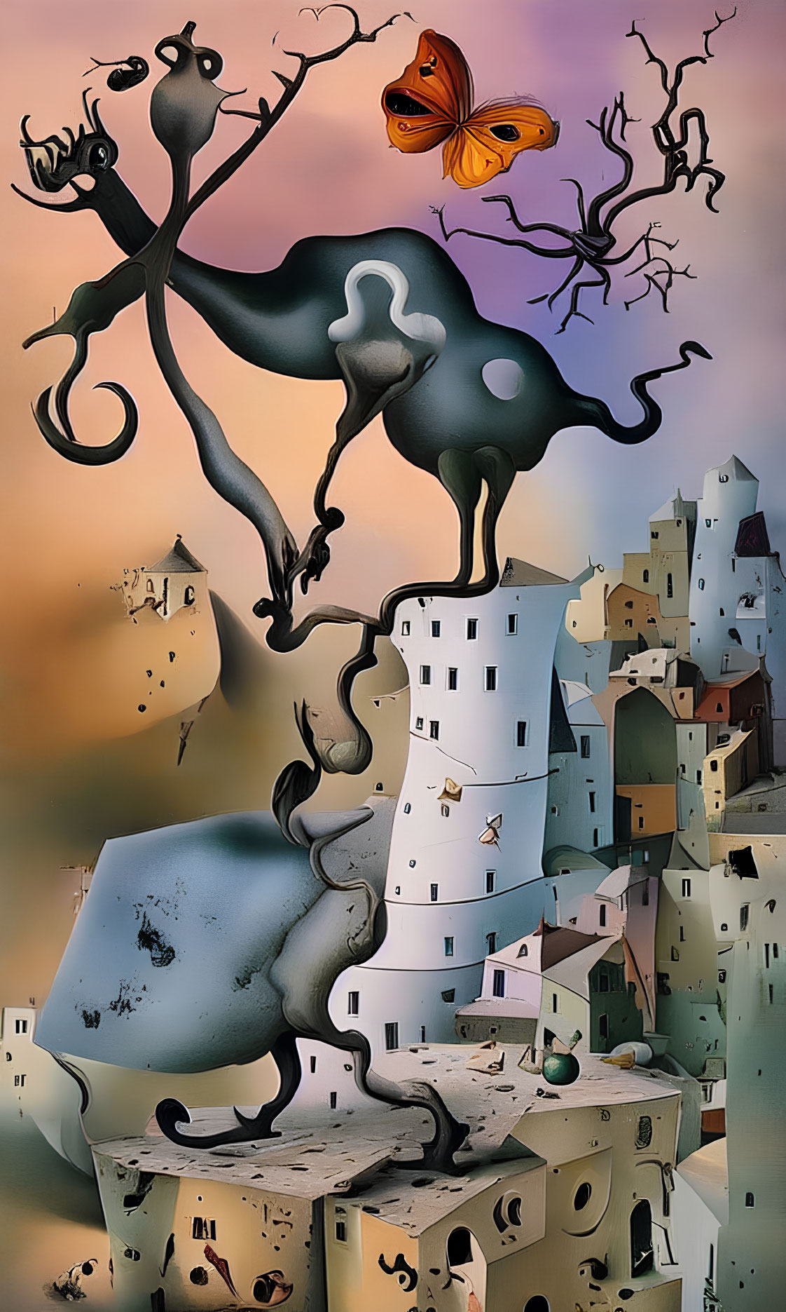 Surrealist artwork: Distorted animal figure with antlers in dreamlike cityscape