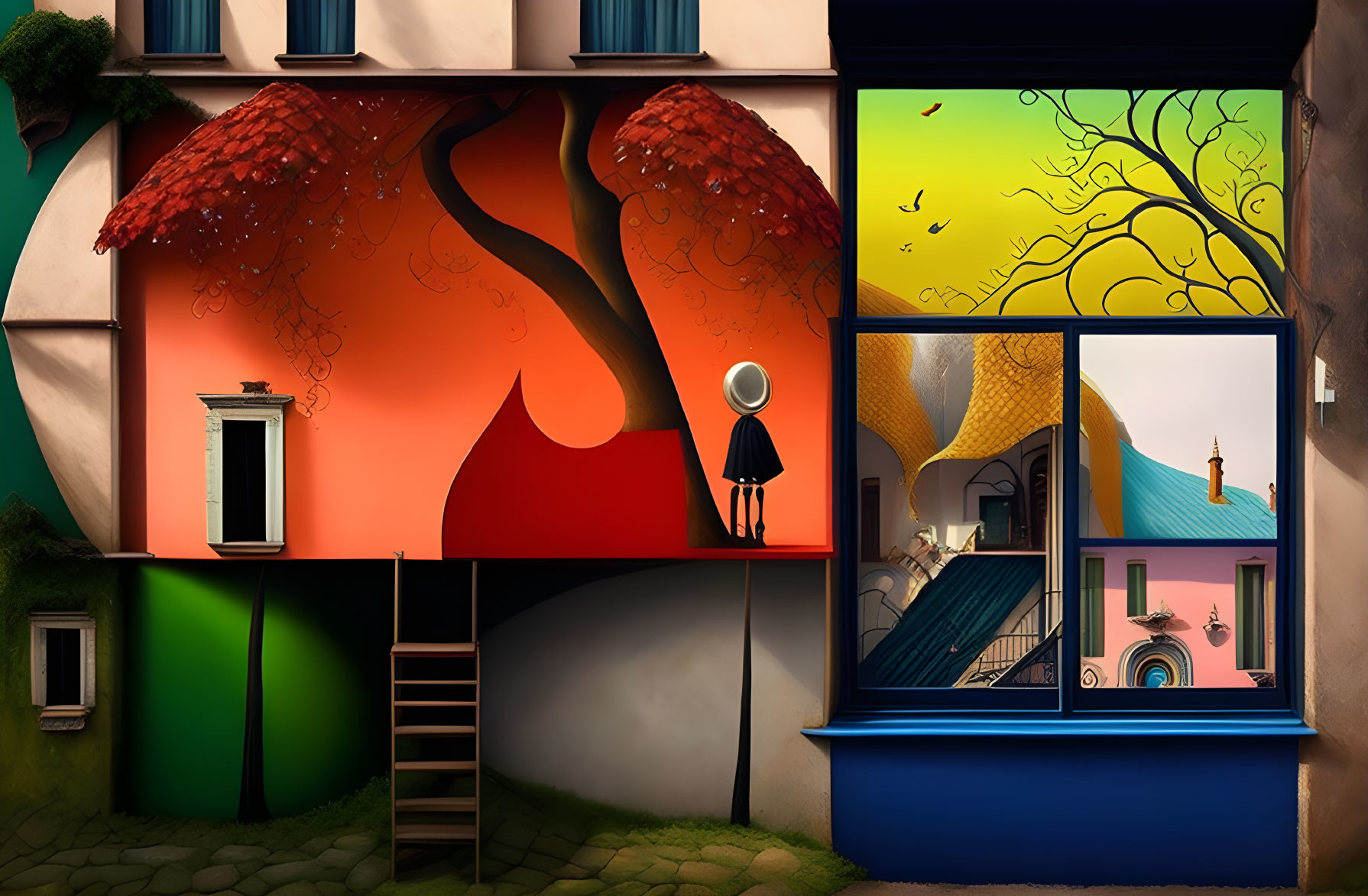 Colorful Surreal Building Artwork with Whimsical Windows & Characters