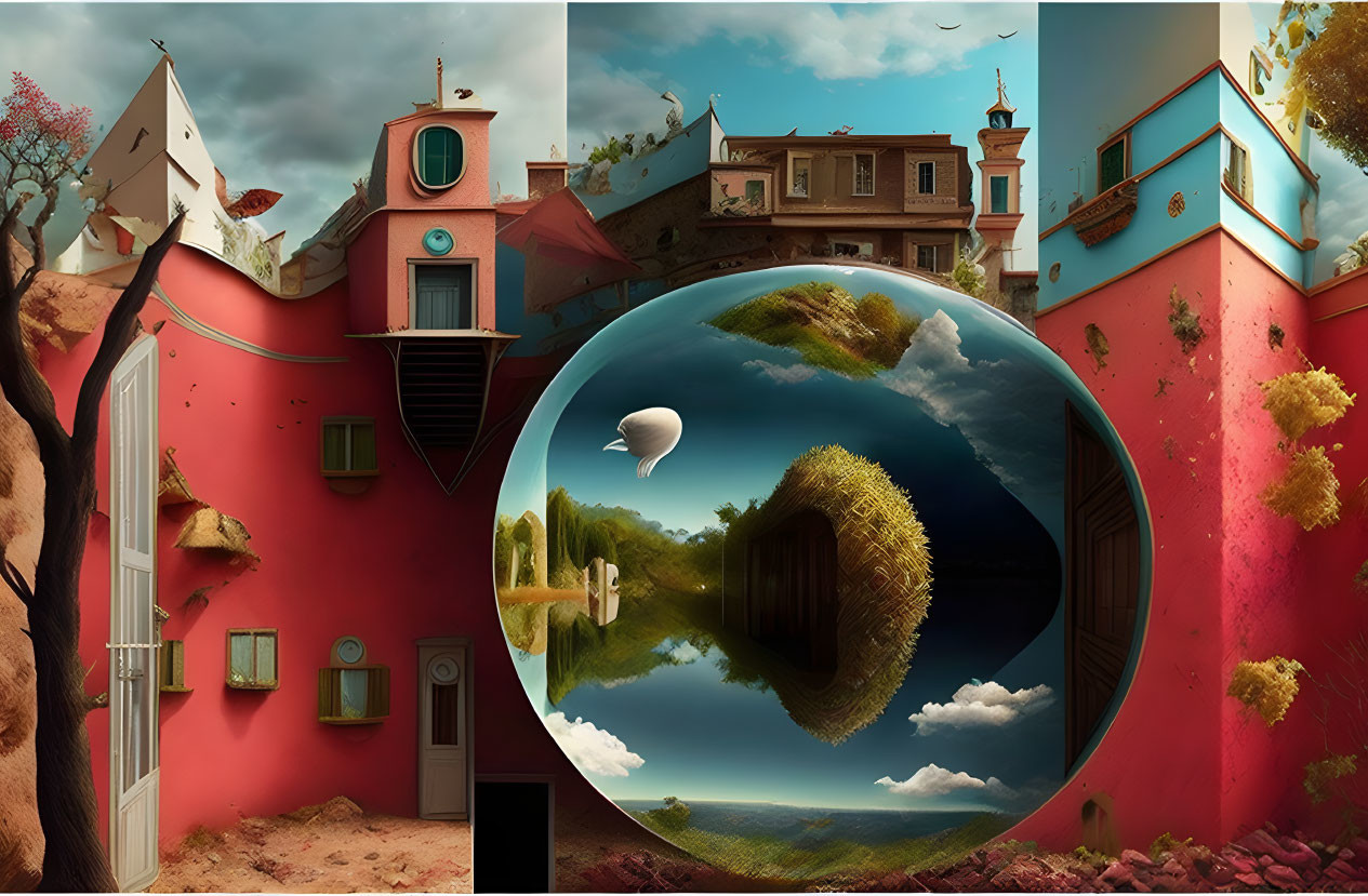 Surreal composite image of bubble revealing flipped landscape in colorful town