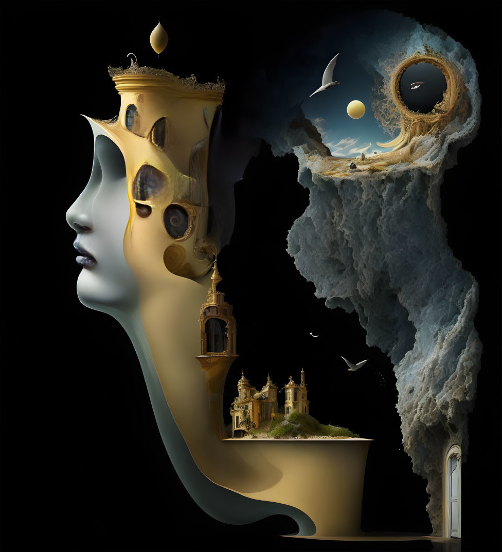 Surreal Woman Profile with Architectural and Natural Elements