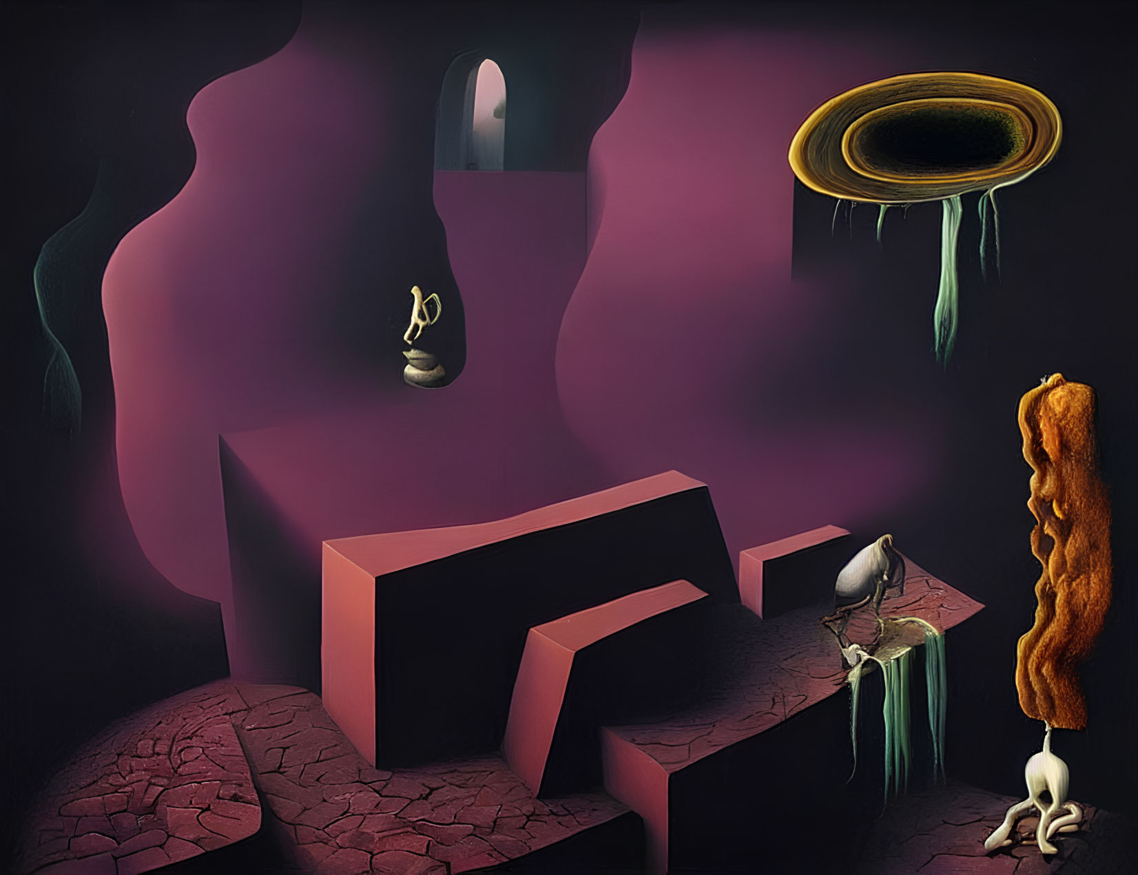 Surrealistic artwork featuring stair-like structures, floating halo, melting candle, and distant door on