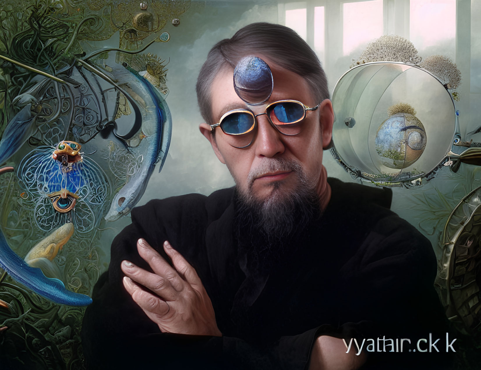 Bearded Person with Sunglasses and Third Eye in Surreal Sea Creature Scene