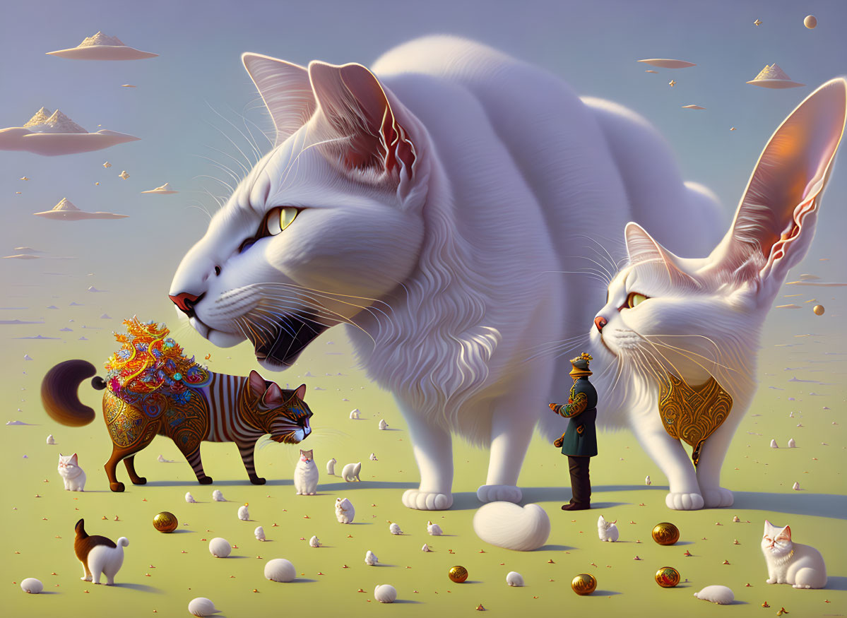 Surreal artwork featuring giant white cat, ornately dressed smaller cat, tiny figure, floating eggs