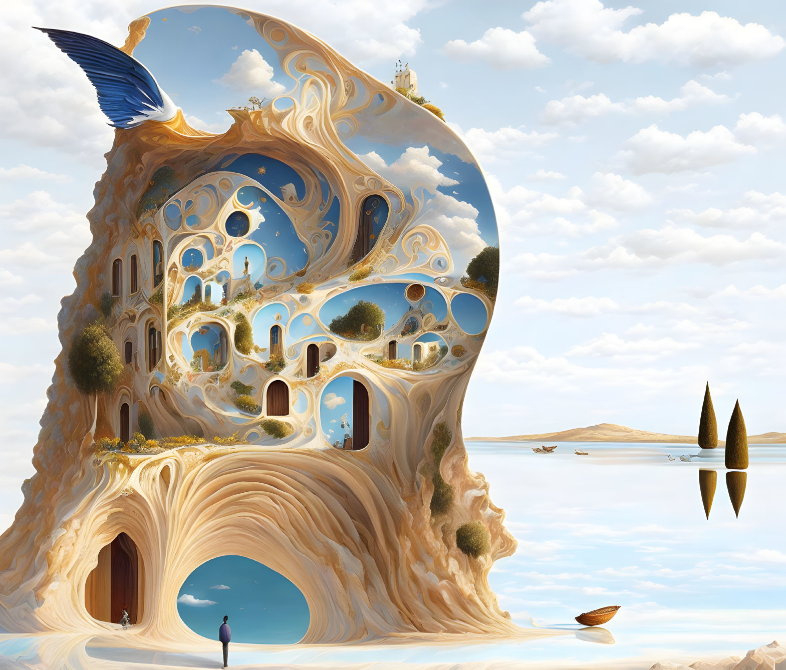 Surreal artwork featuring giant cliff structure, winged boat, lone figure