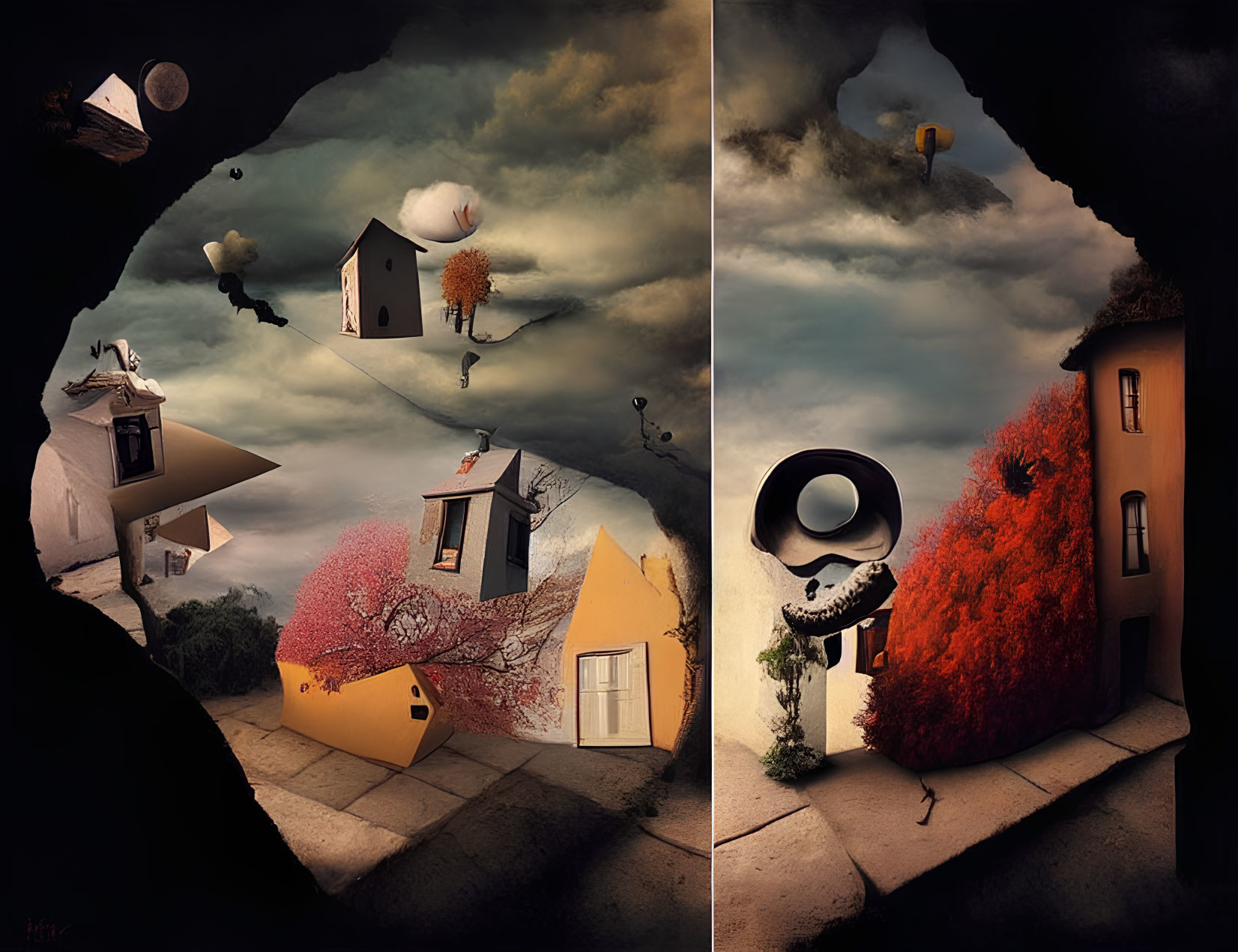 Surreal Artwork: Floating Houses, Trees, Whimsical Elements on Cloudy Autumn Landscape