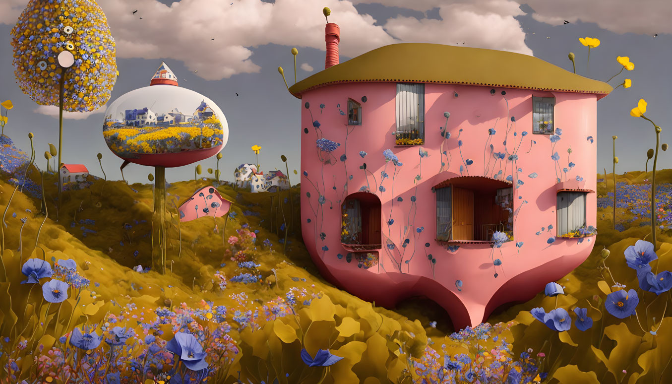 Pink floral-patterned house in vibrant flower field with floating islands and cottage.