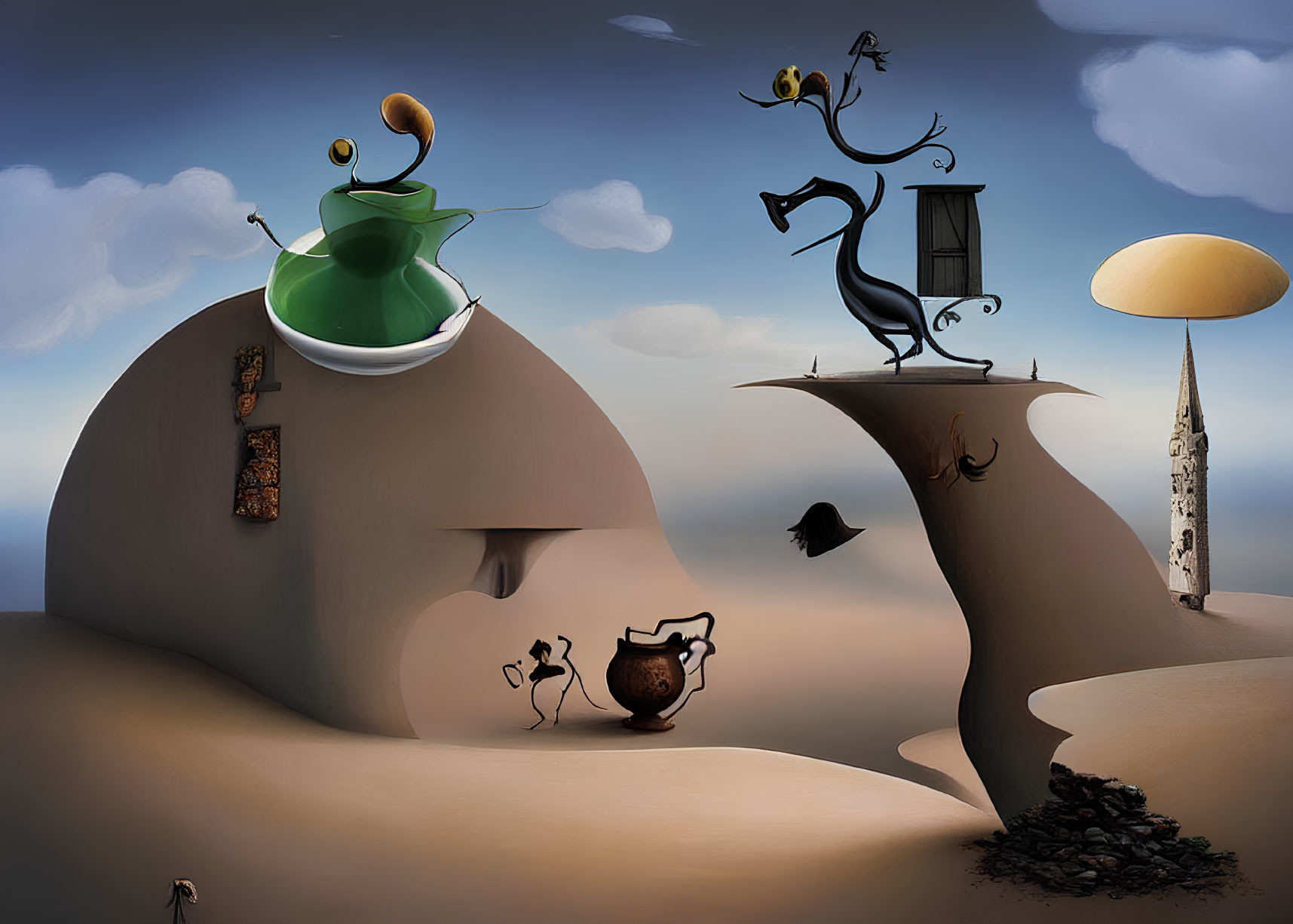 Surreal landscape featuring anthropomorphic hills and whimsical structures