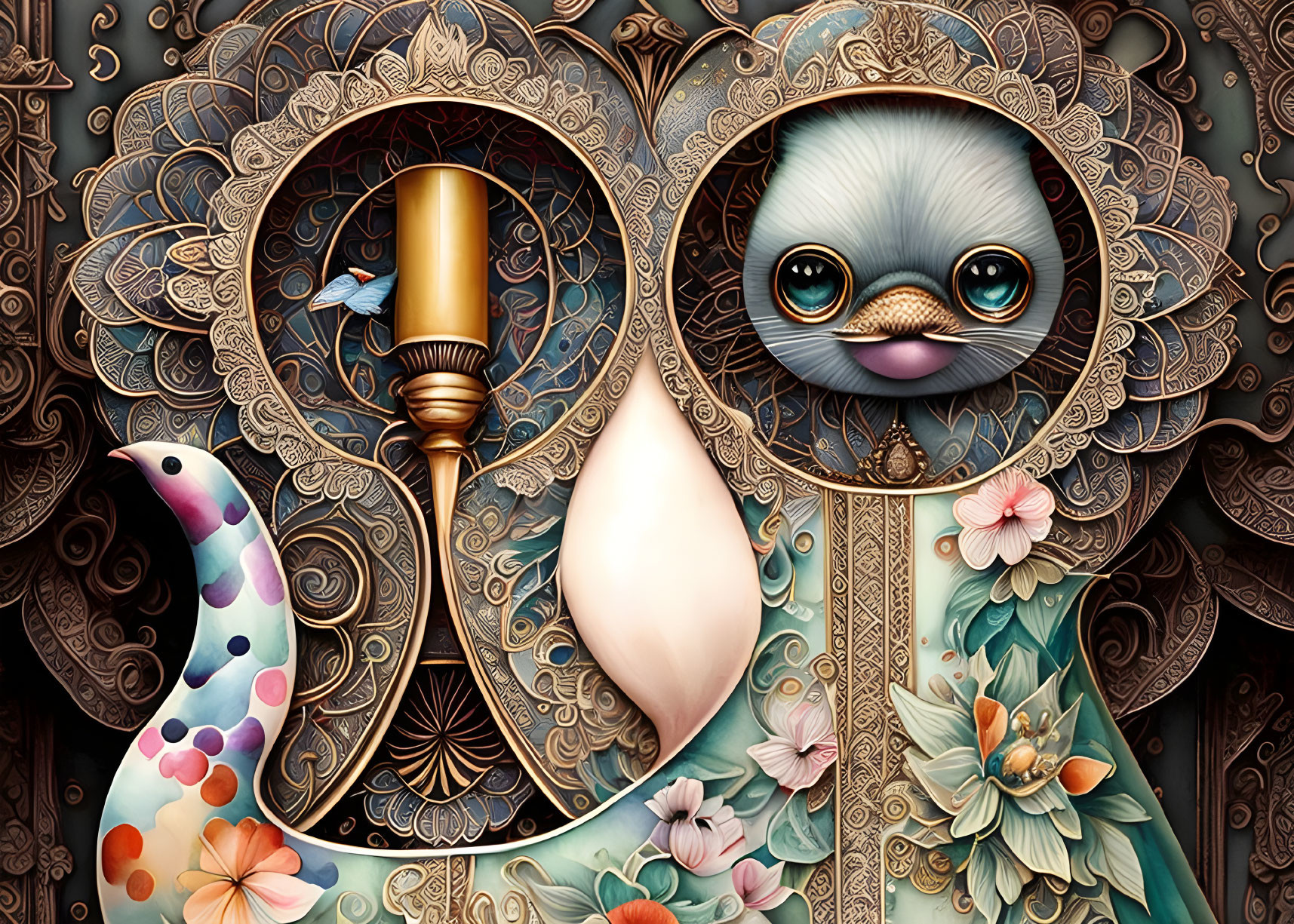 Whimsical artwork with stylized seal in ornate golden frames and floral motifs.