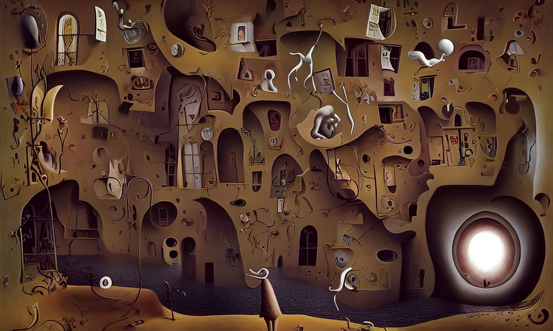 Surreal landscape with distorted shapes and floating objects in whimsical architecture
