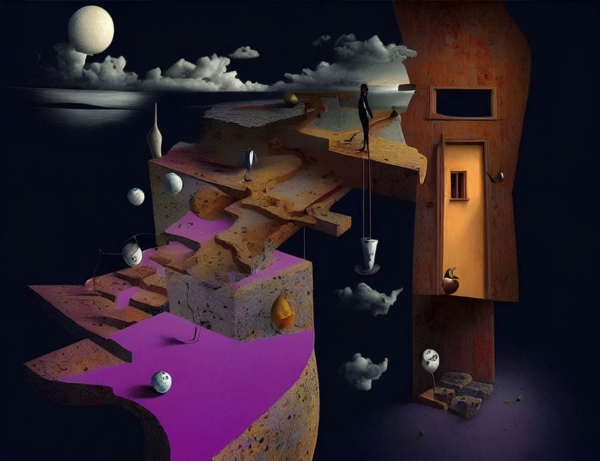 Surreal artwork: Fragmented staircase, sky door, purple liquid floor