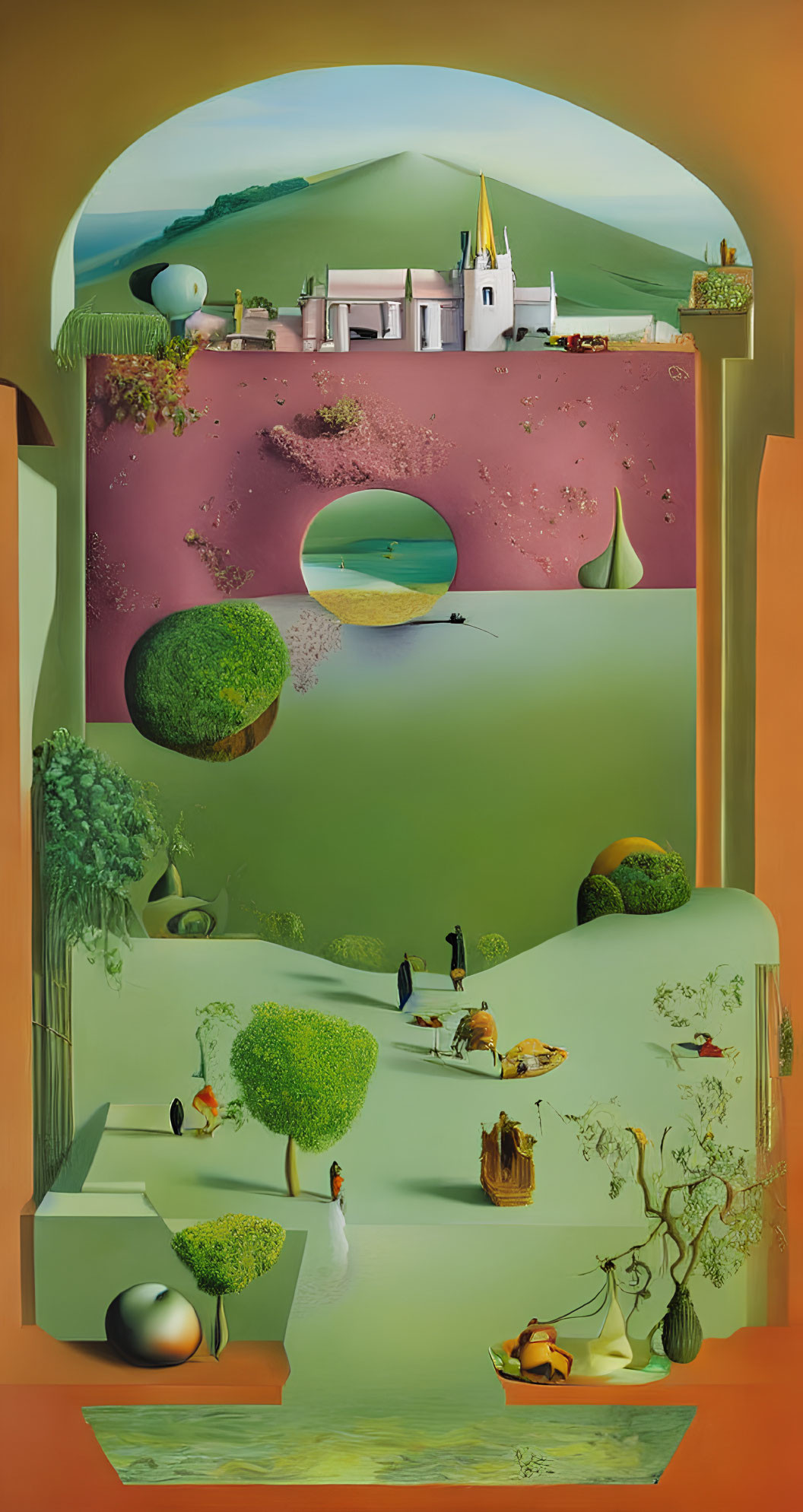 Layered surrealistic landscape with greenery, ponds, ducks, peacock, floating orbs, and