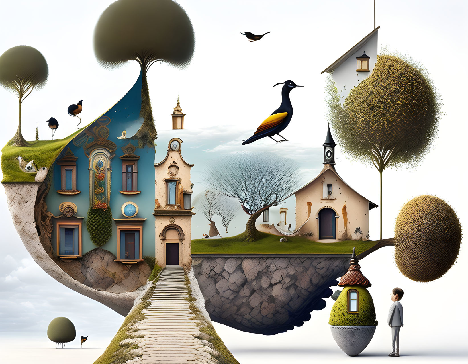 Surreal floating islands with houses, trees, birds, child, and lantern-carrying figure