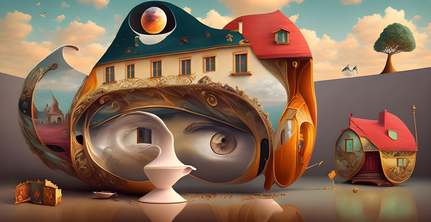 Whimsical surreal landscape with face-inspired houses under dreamy sky