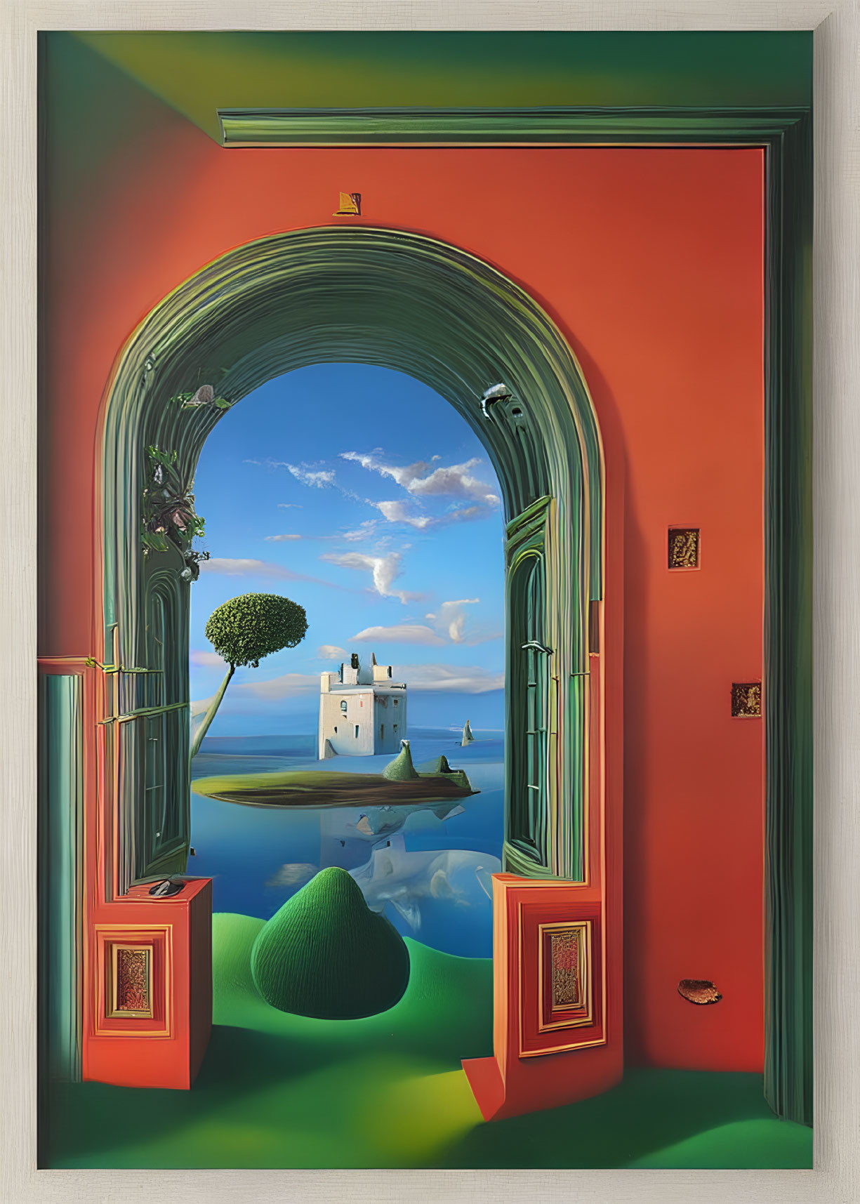 Surreal artwork of open door to castle on water & lone tree