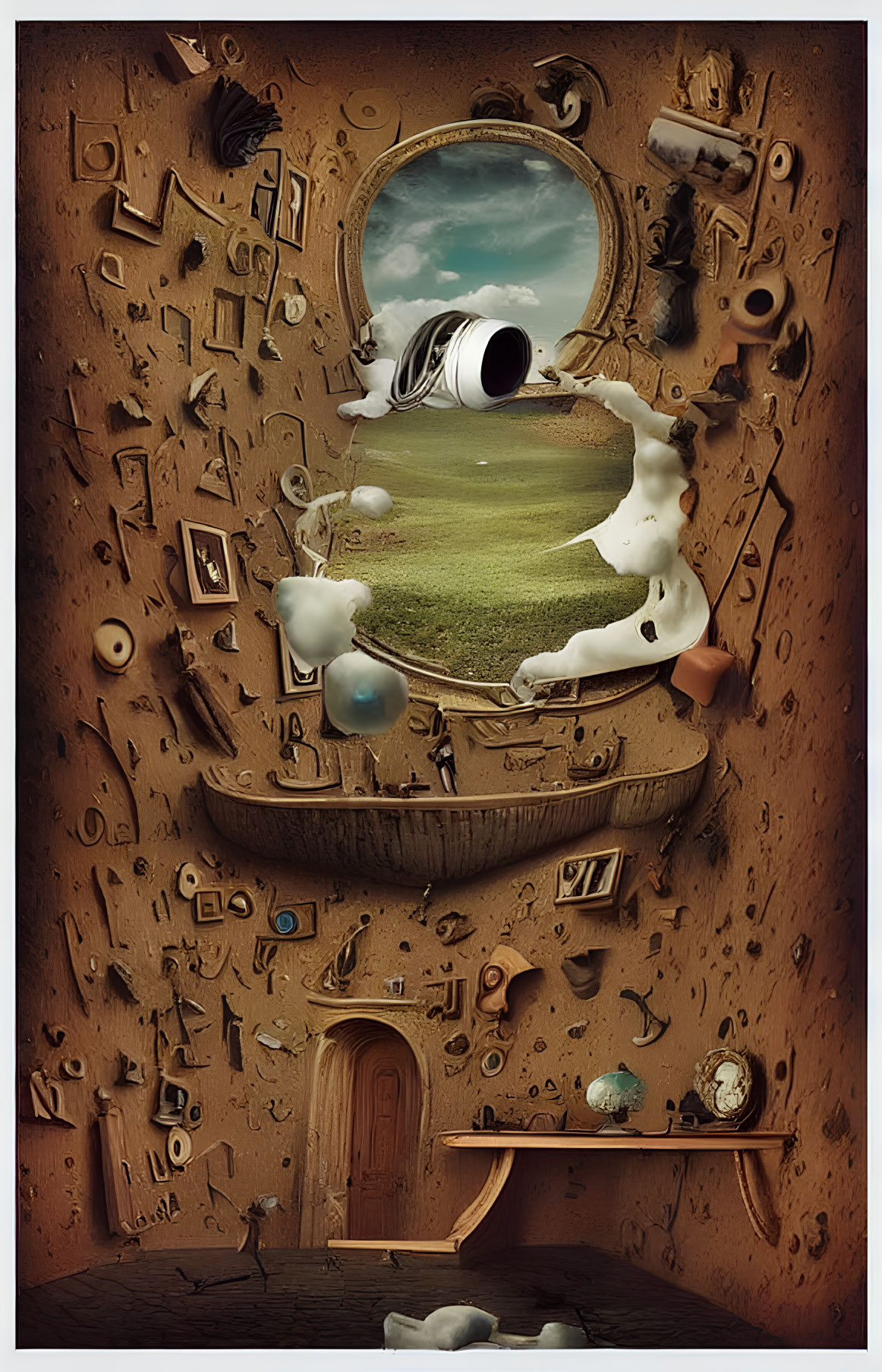 Surreal room with floating objects on brown walls and astronaut outside