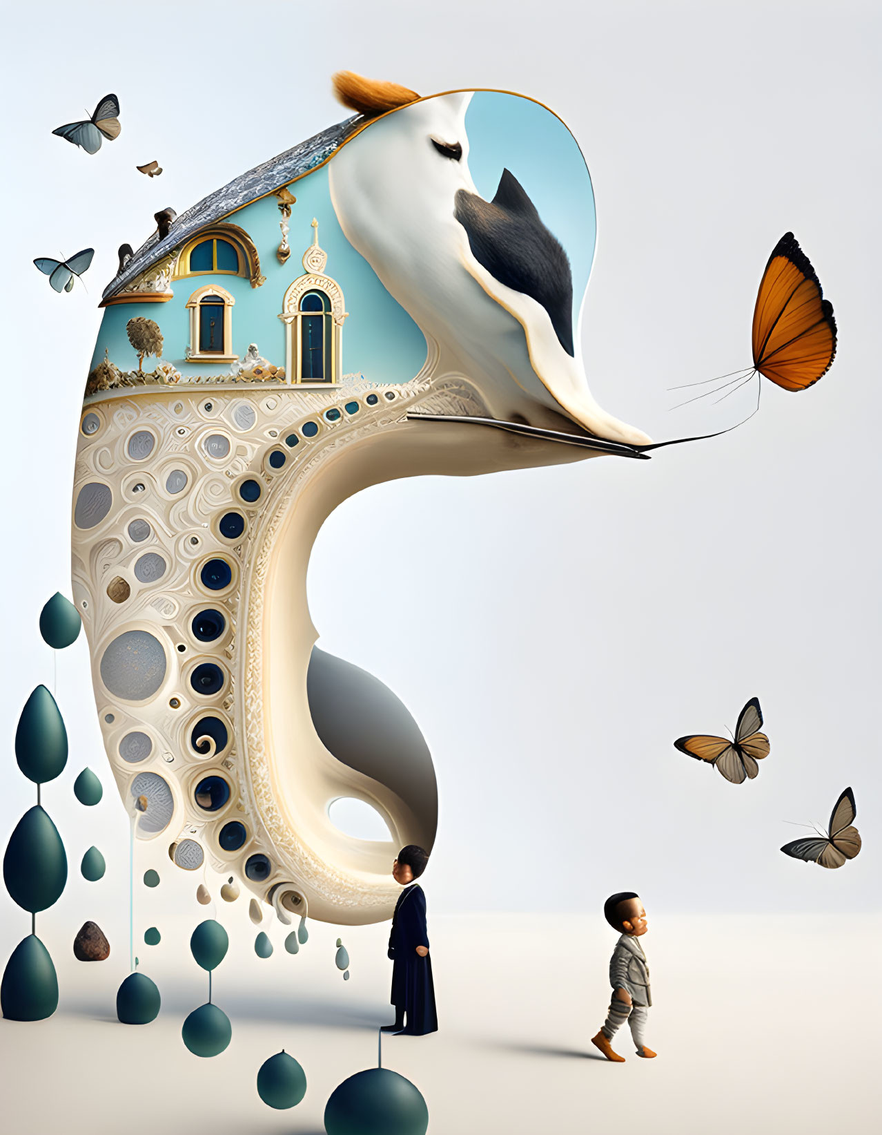 Surreal artwork: architecture, horse head, child, adult, butterflies on neutral backdrop