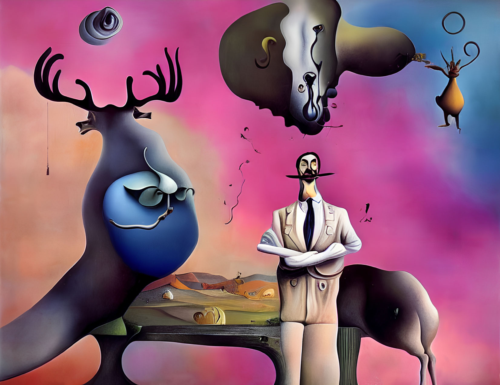 Surrealistic painting of humanoid figure in suit with mustache and floating objects on pink sky