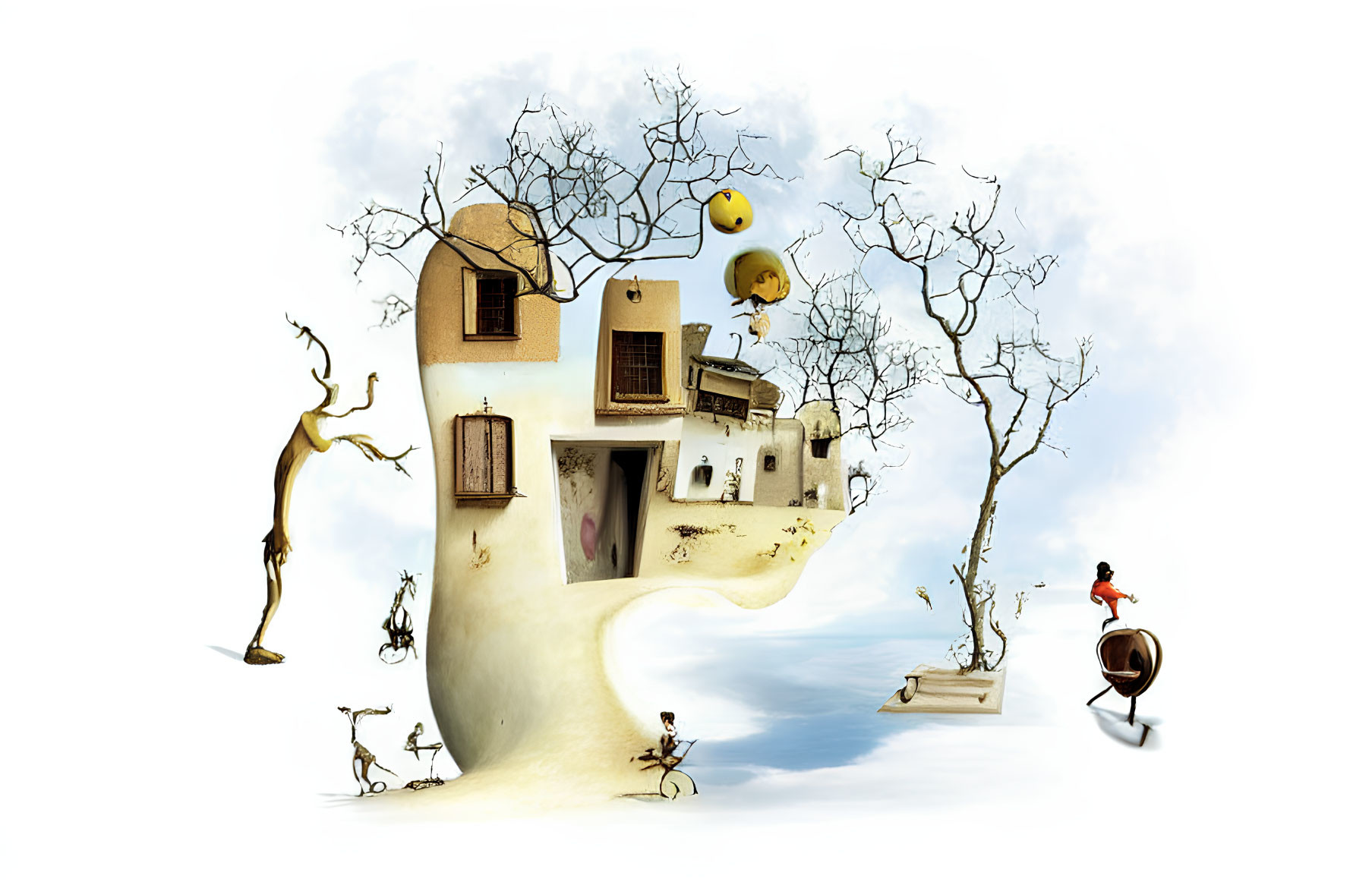 Surreal tree-like structure with houses as leaves and floating characters and objects.