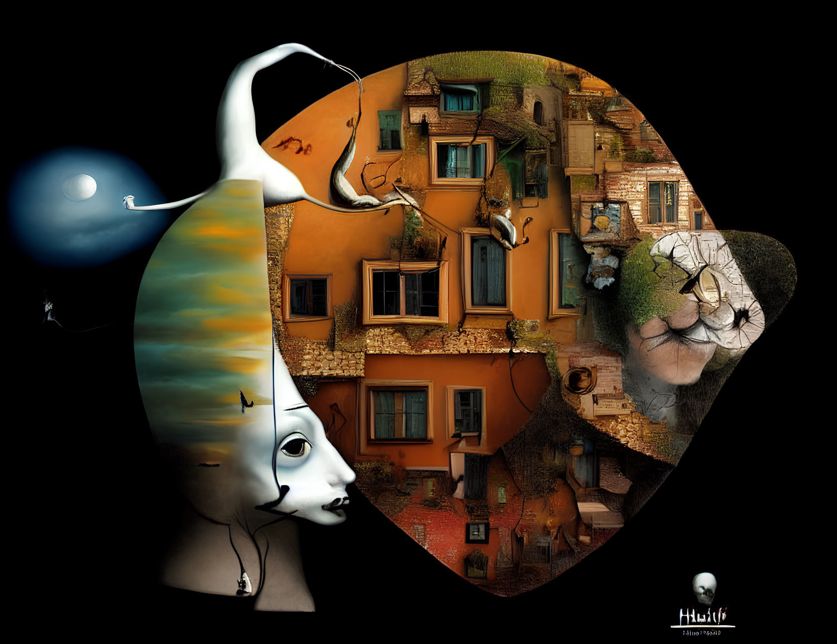 Surreal artwork: Woman's profile merges with old town, vibrant houses, whimsical shapes,