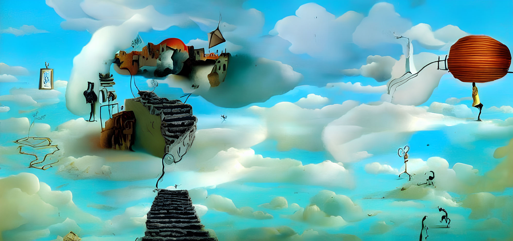 Surreal sky landscape with floating islands and grand balloon