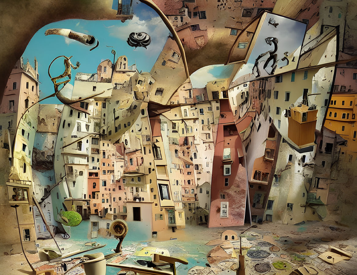 Distorted surreal cityscape with floating objects and gravity-defying figures