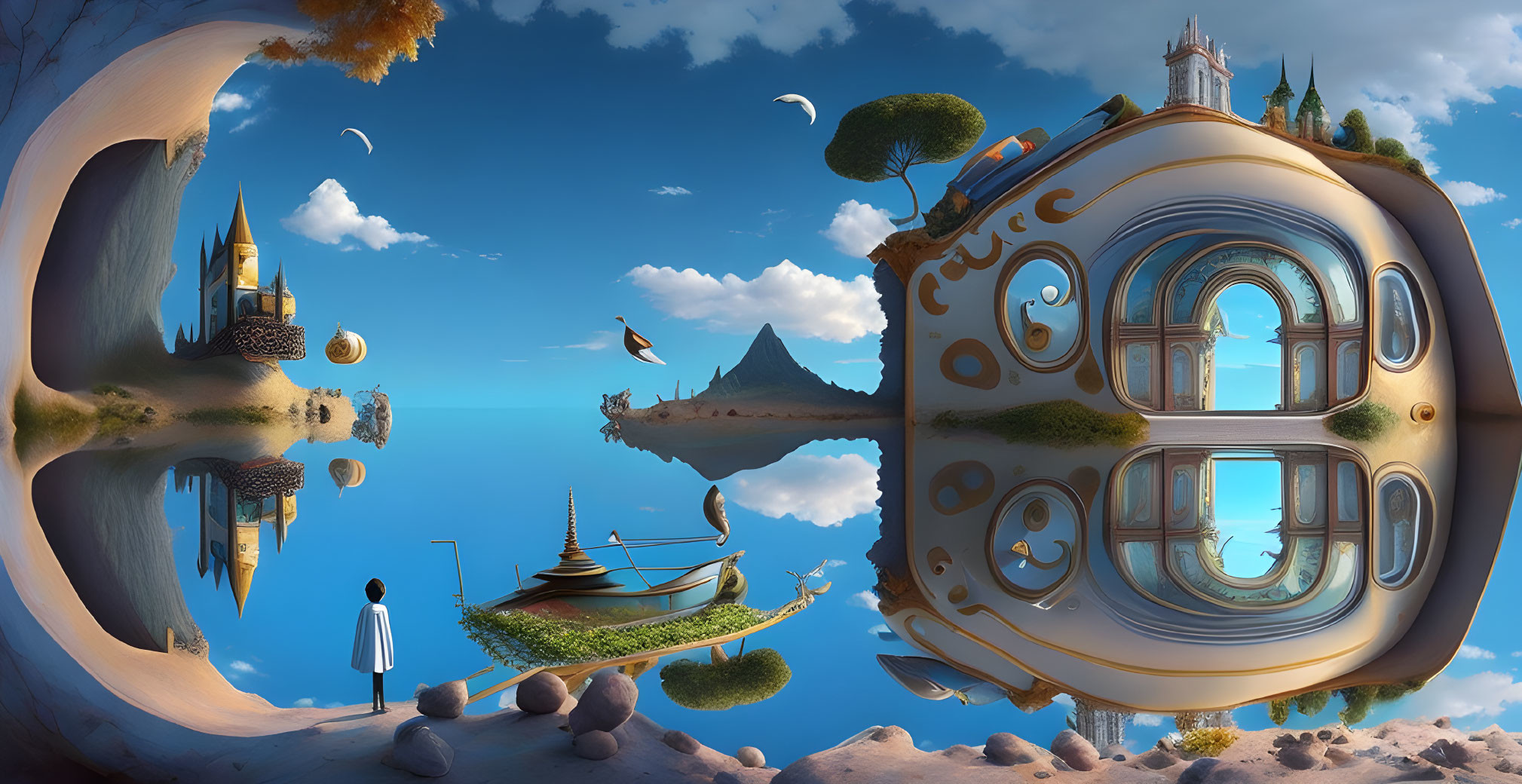 Surreal panorama with floating islands and whimsical architecture