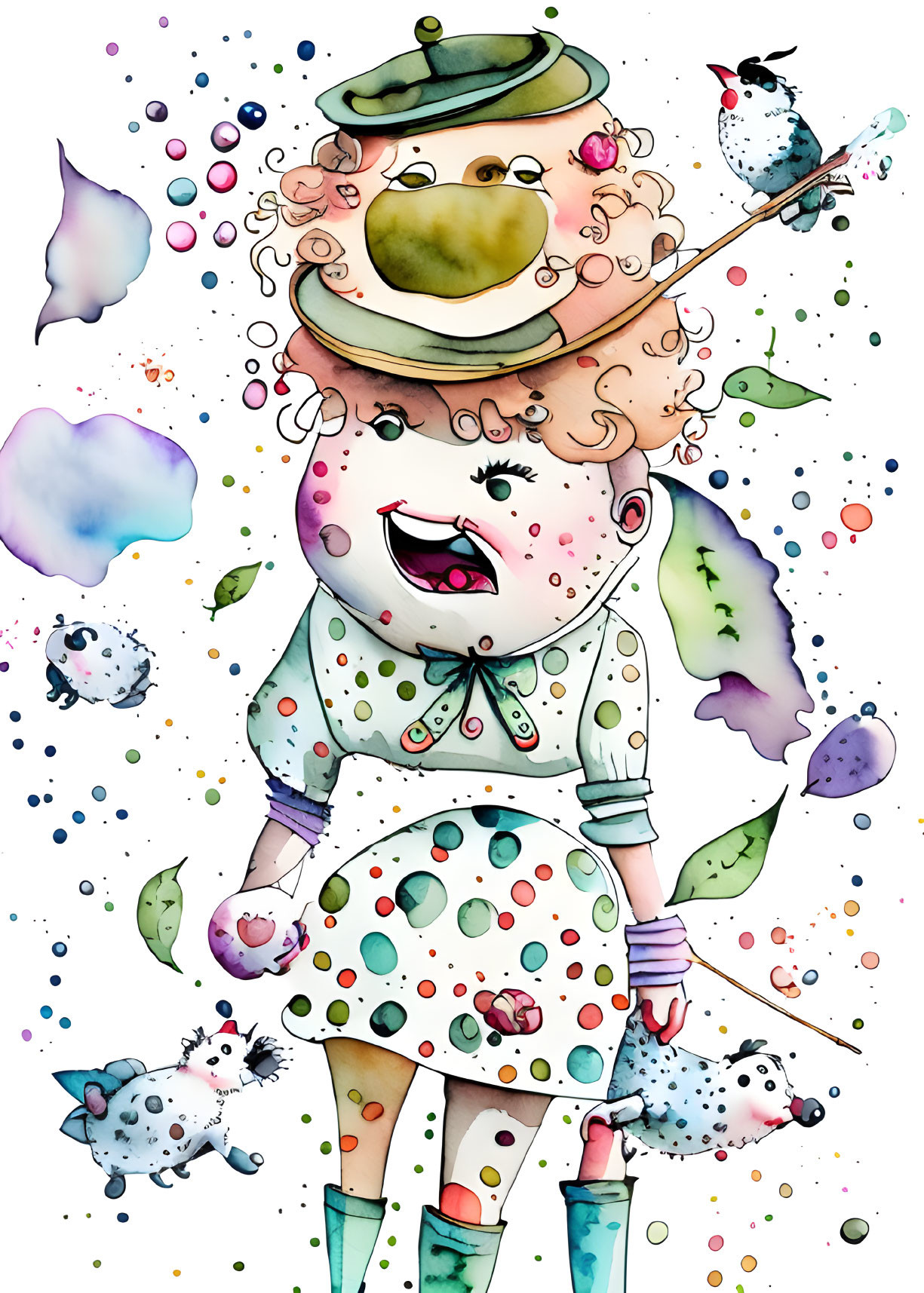 Colorful Watercolor Illustration of Childlike Character Blowing Bubbles