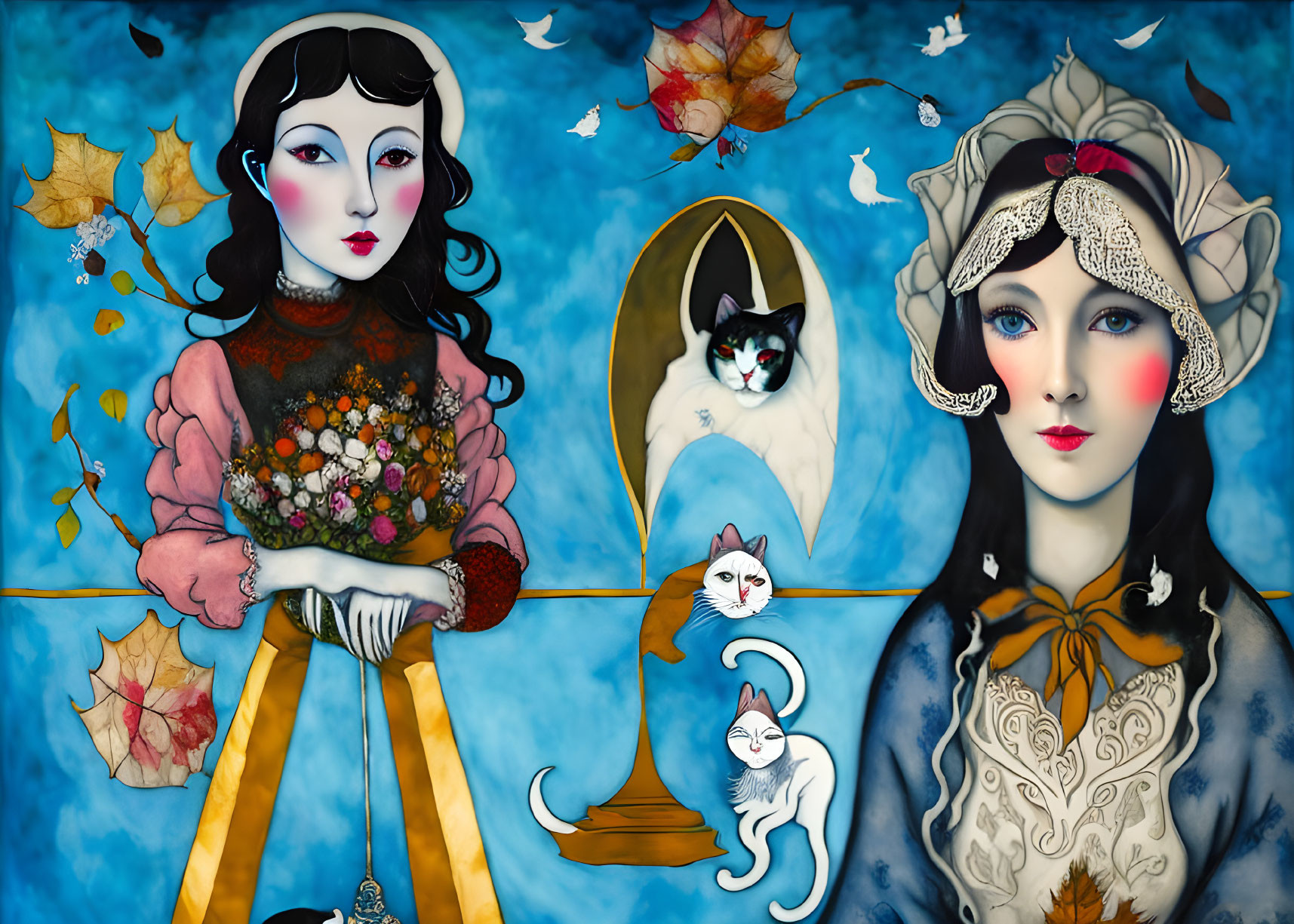 Illustrated Women with Cats and Autumn Leaves on Blue Background