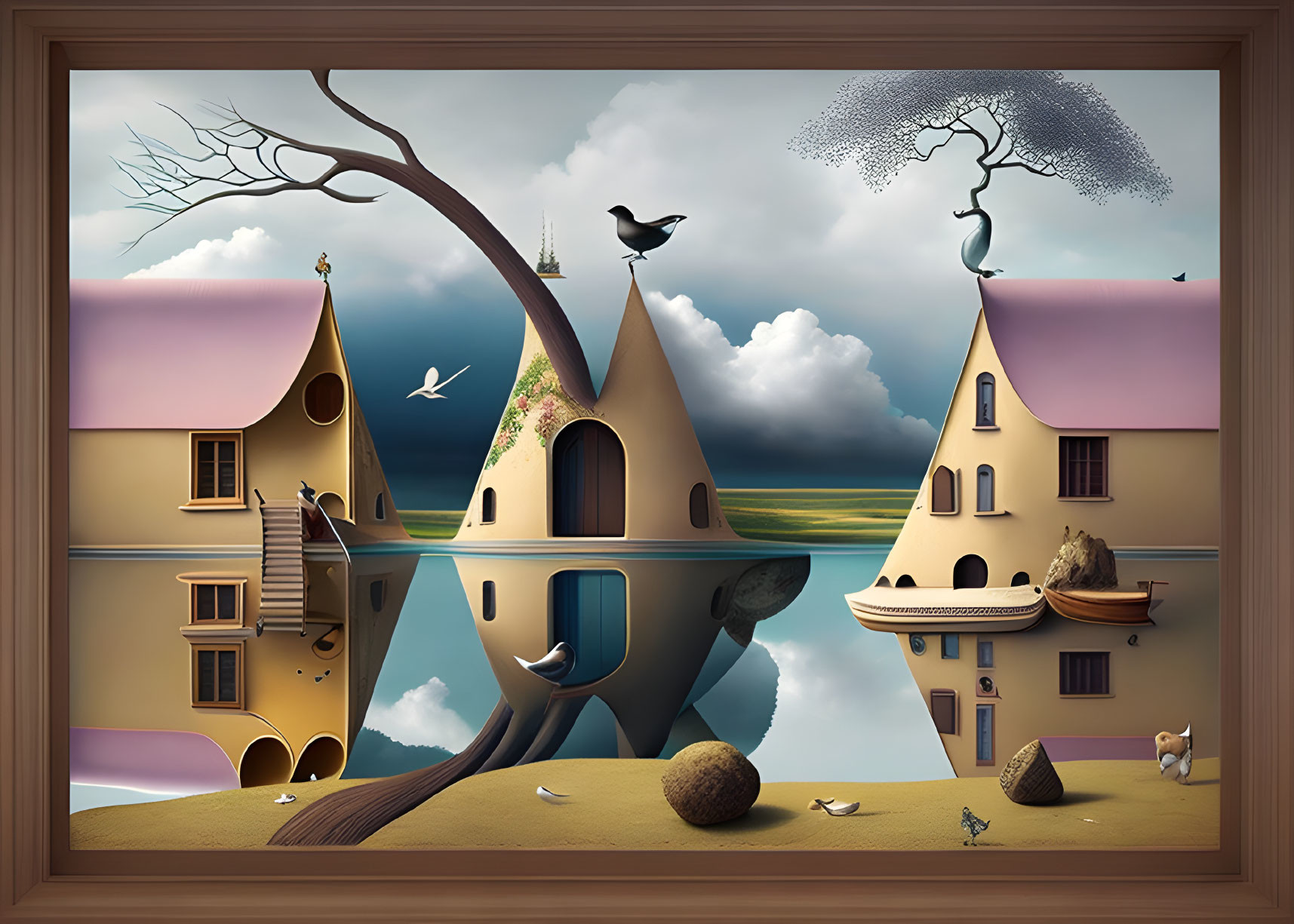 Surreal artwork: Houses, birds, cat, water reflection, calming landscape