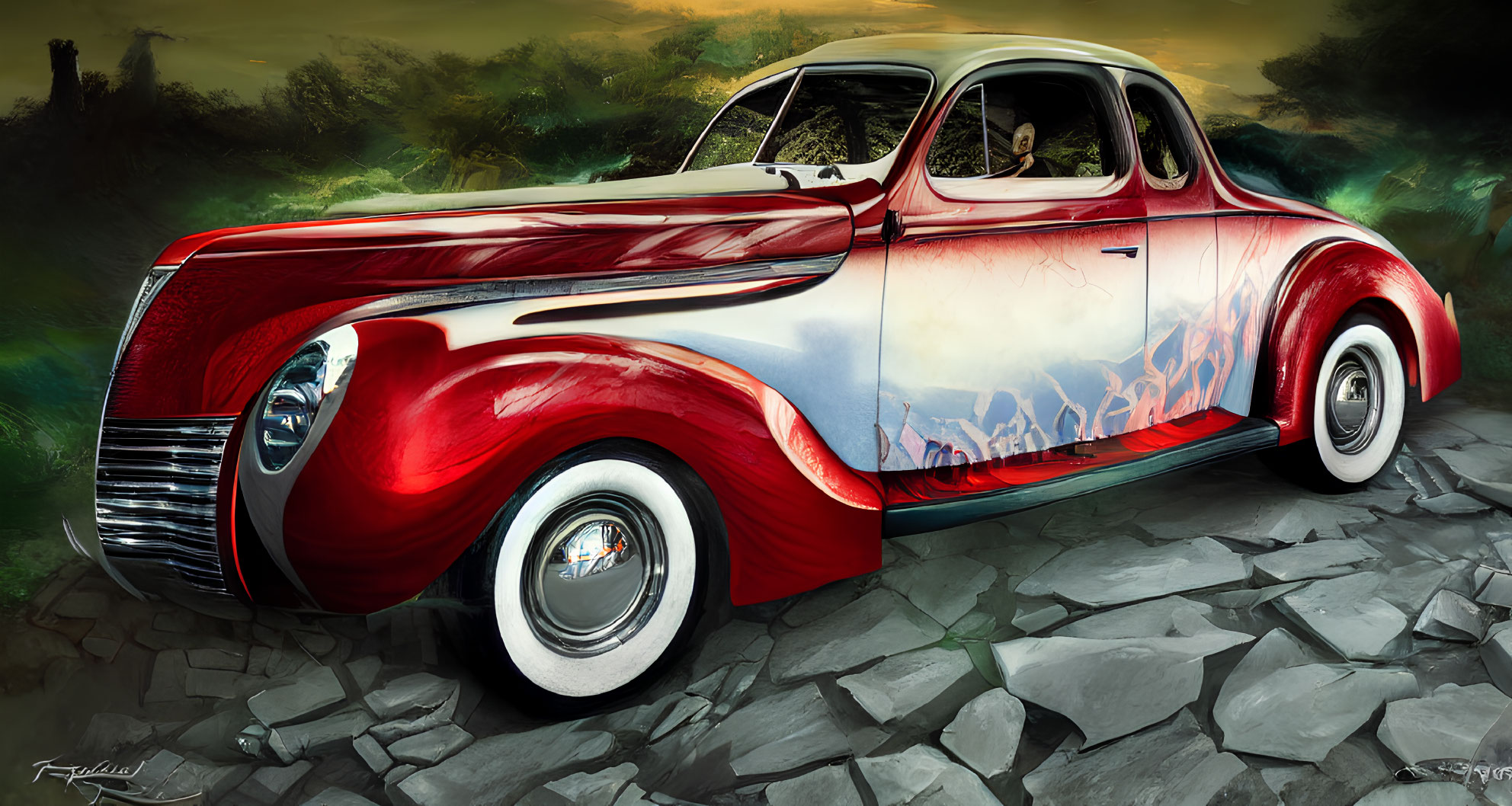 Classic Red and White Car with Custom Flame Detailing on Cobblestone Ground