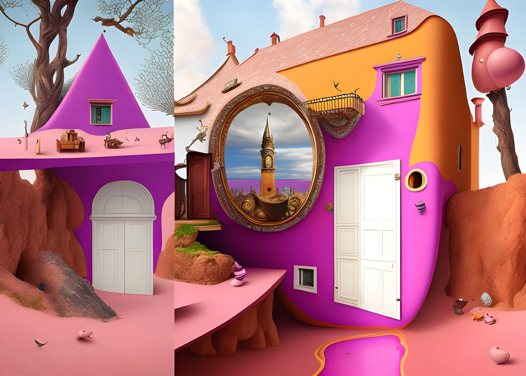 Colorful Surreal Artwork: Unique Houses on Vibrant Landscape