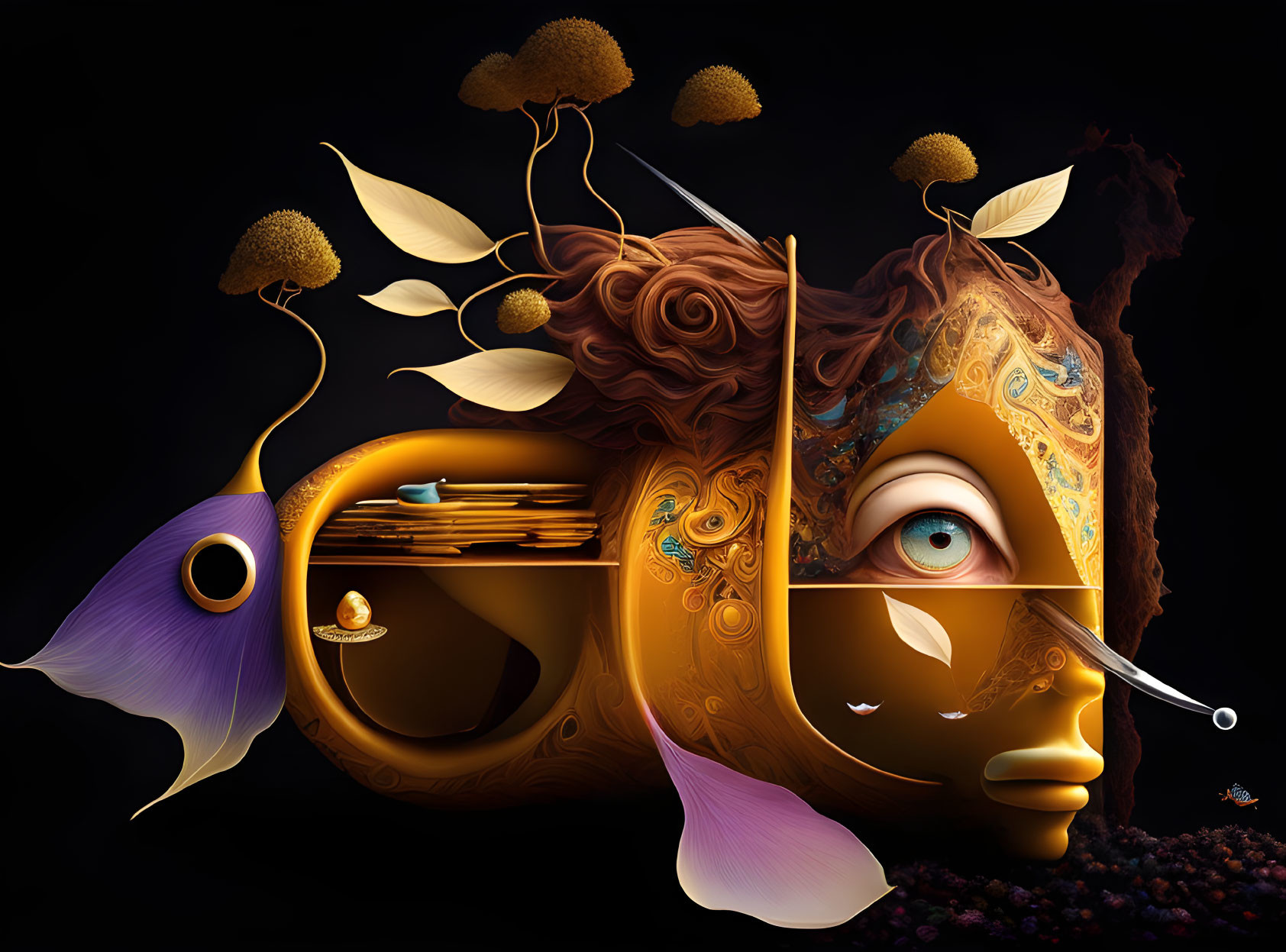 Surreal digital art: woman's face with musical landscape, flowers, fish on dark backdrop