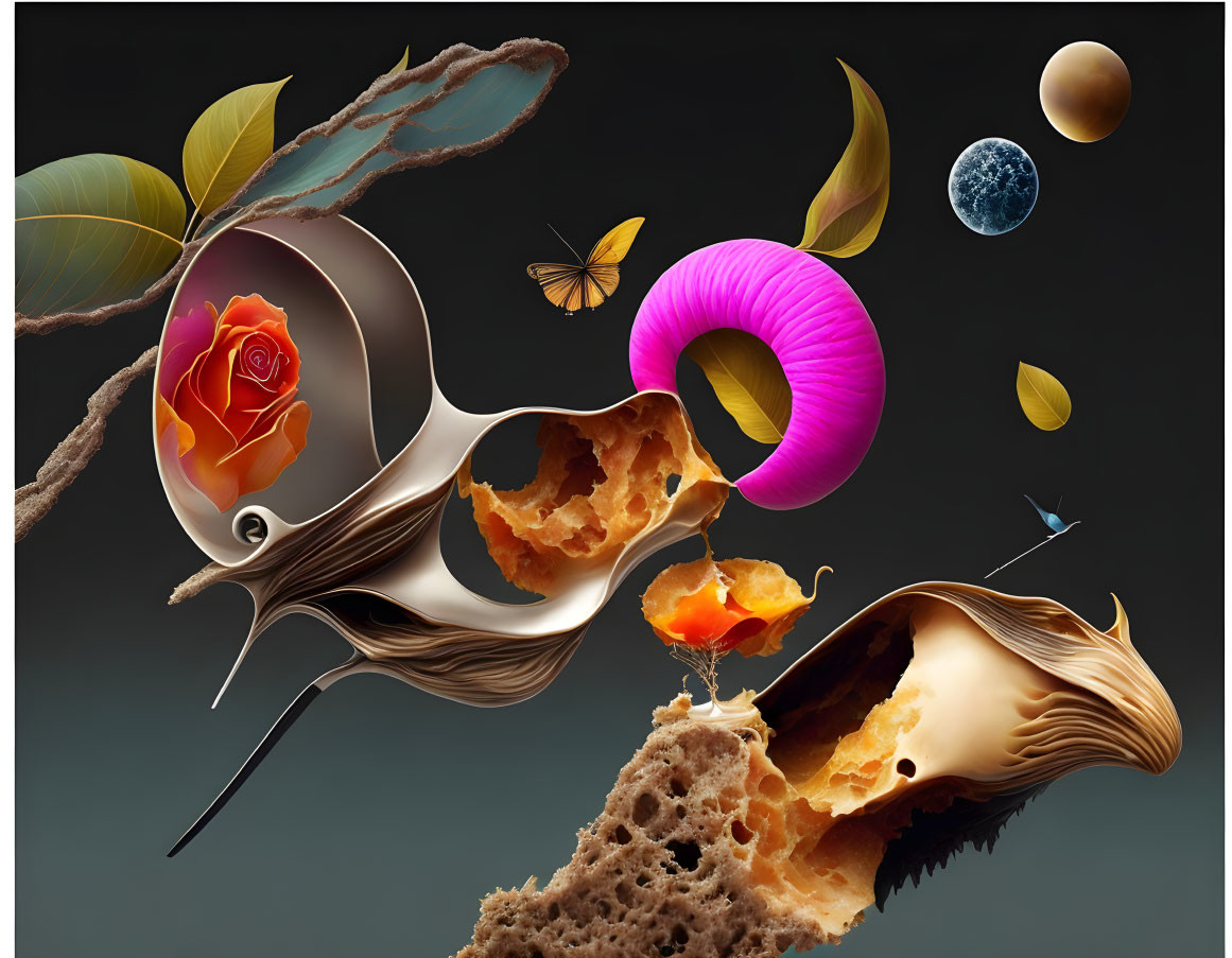 Surreal composition: shell, rose, donut, planets, butterfly & landscape portions