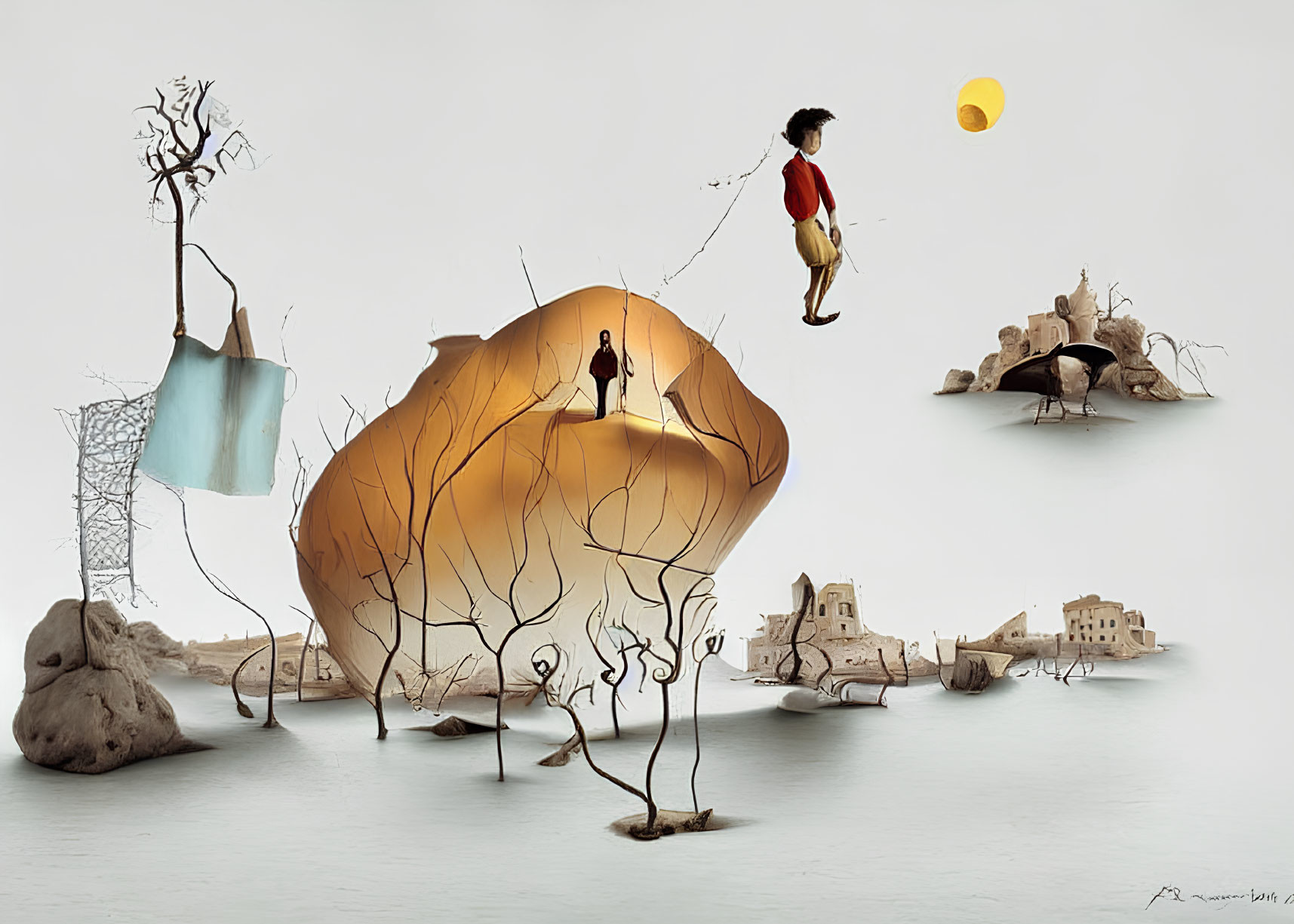 Surreal artwork featuring person on whimsical structure with abstract forms and distant town under yellow orb.