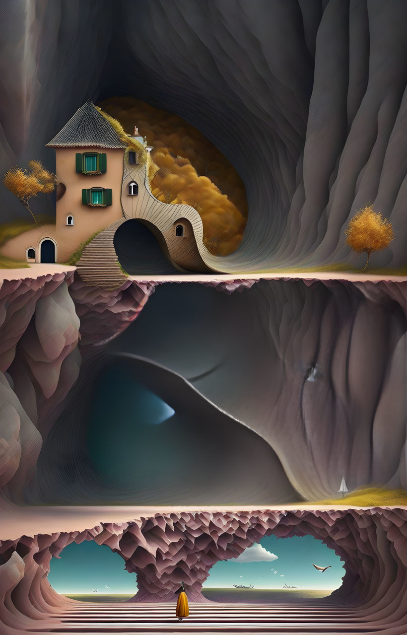 Surreal landscape with house on arched rock, subterranean lake, ocean view.