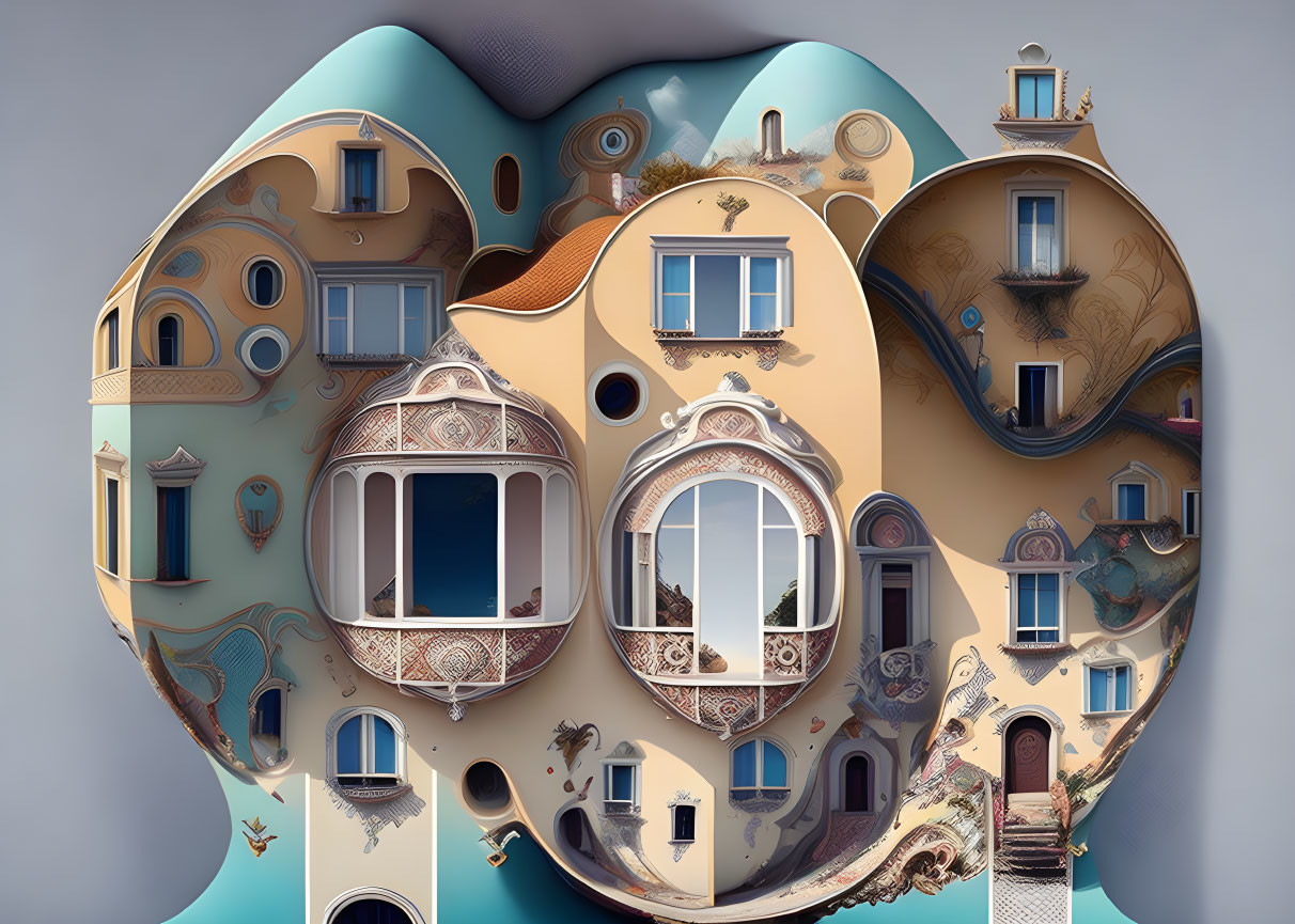 Fluid-shaped architectural fantasy with ornate balconies and whimsical elements merging into heart silhouette on sky