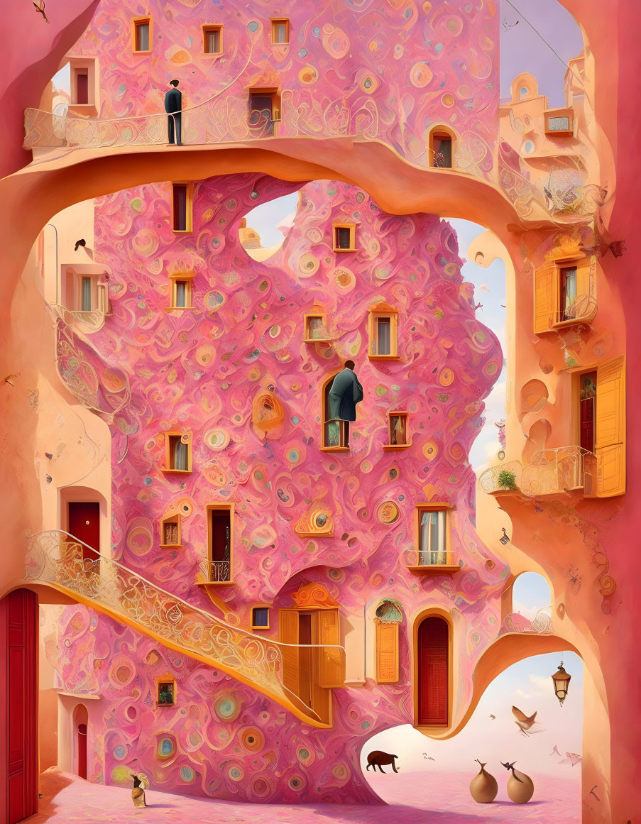 Pink-hued building with swirling patterns and cat motif on balconies