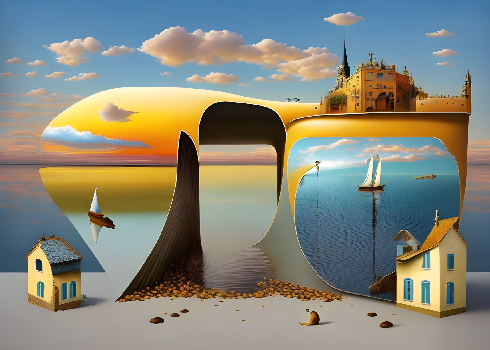 Surreal landscape with oversized letter "R" and castle, boats, house, seascape,
