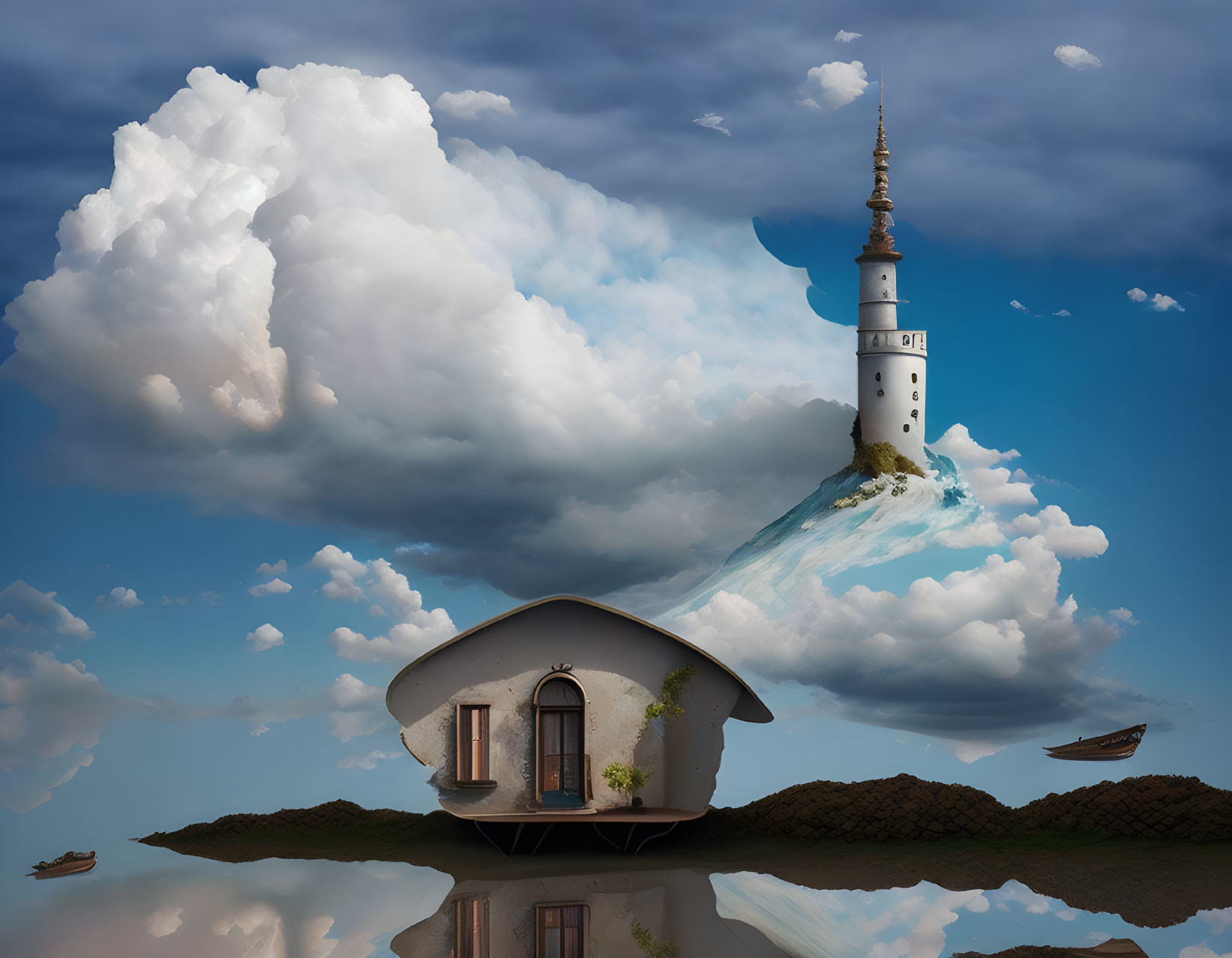 House and lighthouse on floating island with cloudy sky and boats in surreal scene