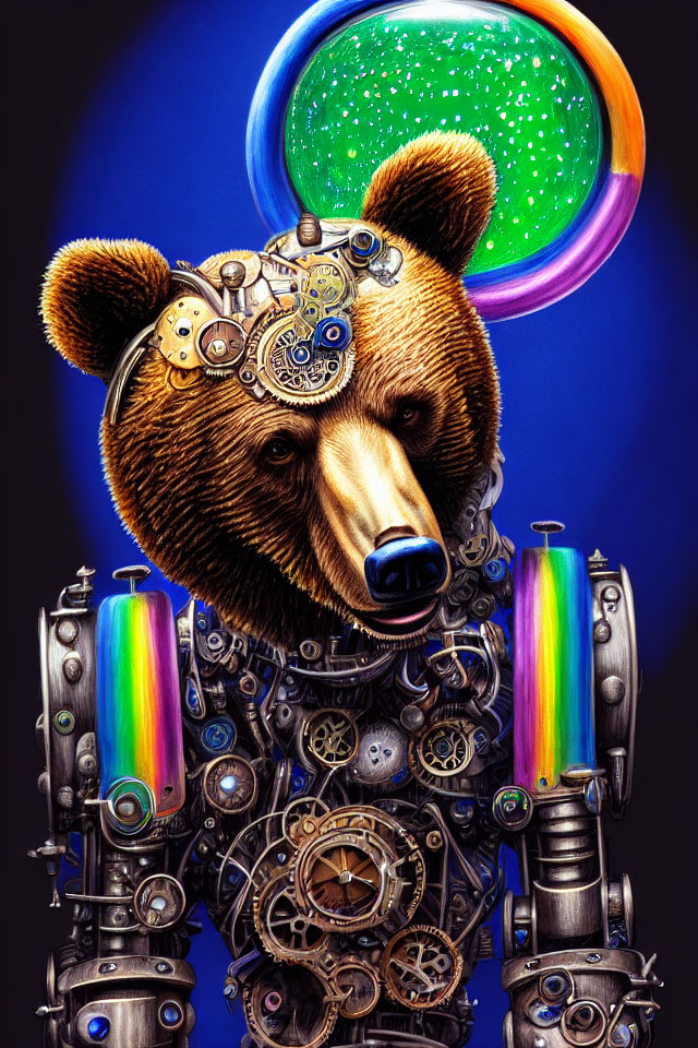 Steampunk robotic bear with gears and colorful orbs on dark blue background