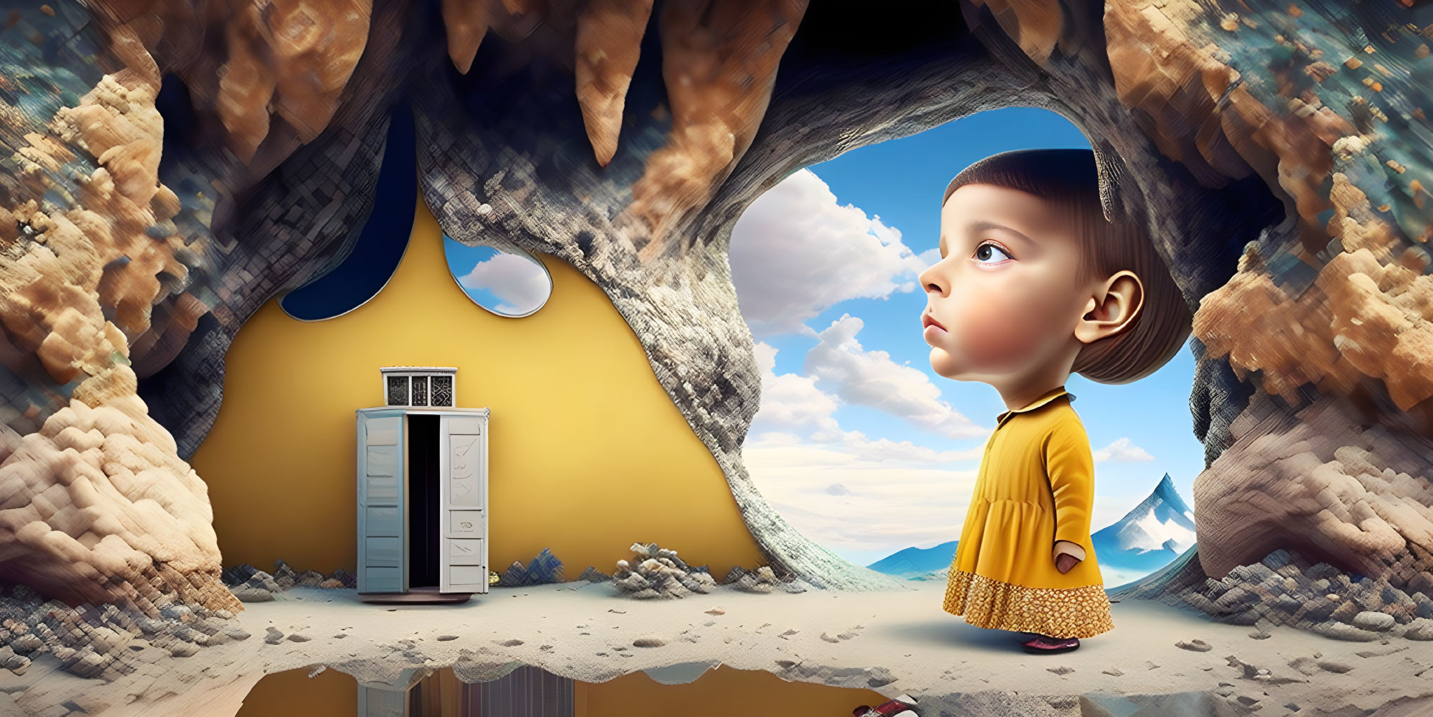 Giant toddler gazes at cave with house and locker in surreal landscape