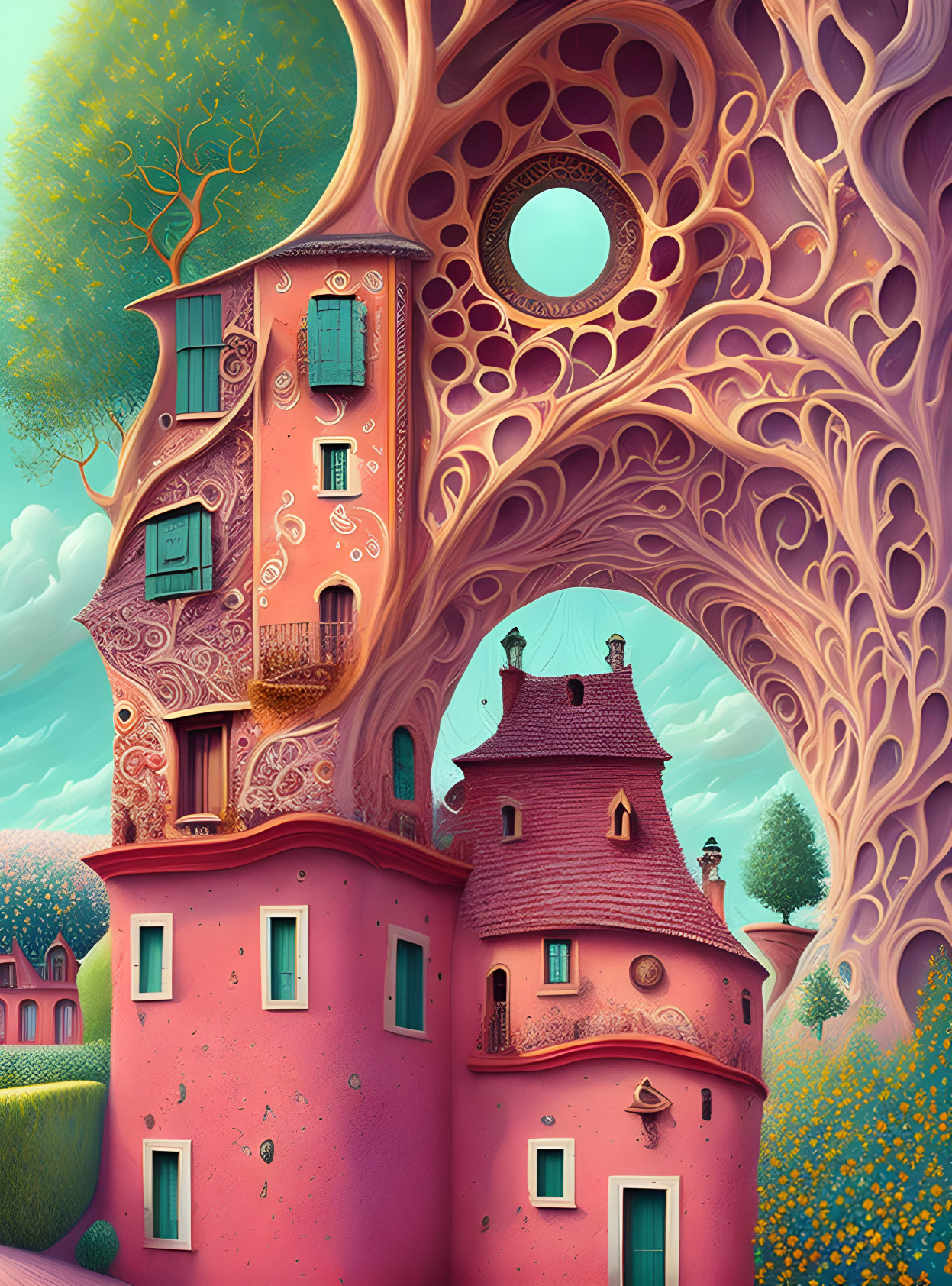 Colorful fantasy illustration of pink tree-like structure with integrated house in lush landscape