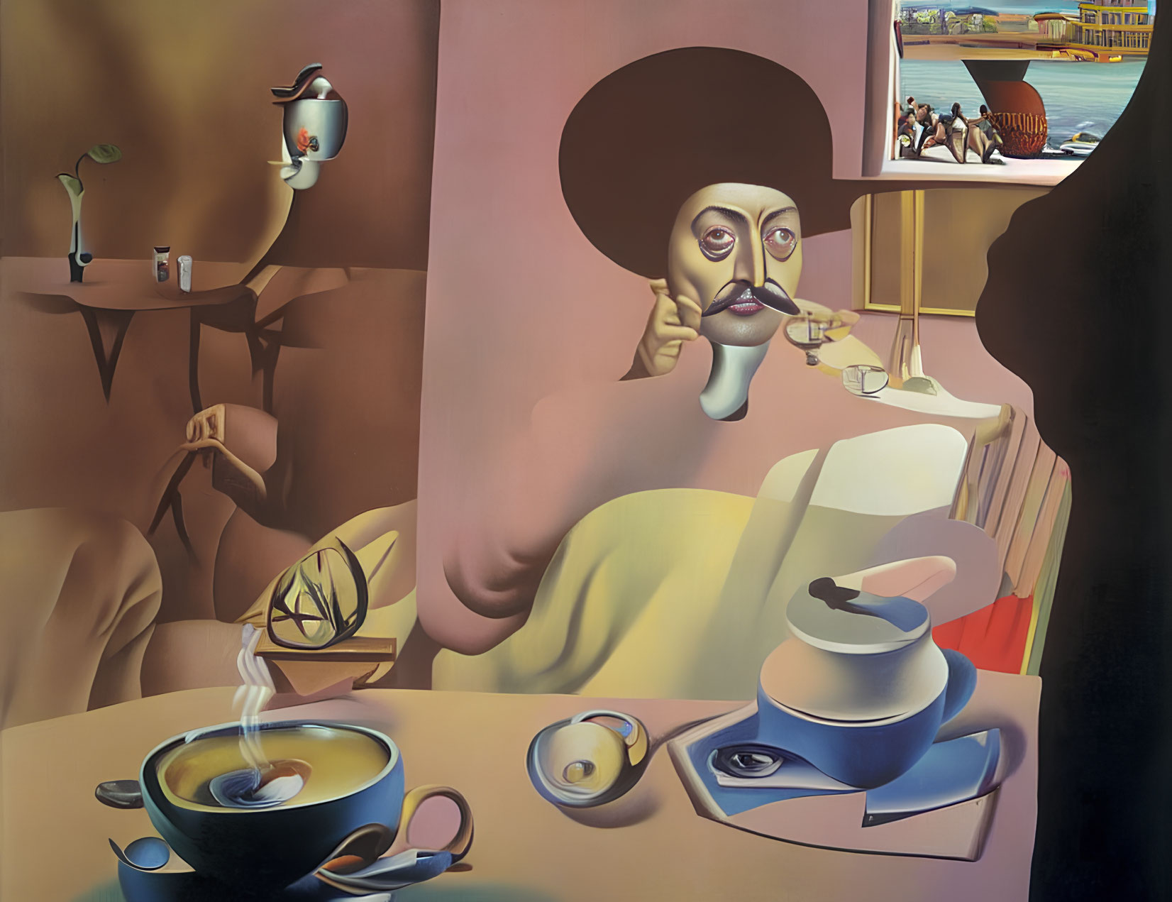 Surrealistic painting: Figure with teacup head, teapot-like nose at table
