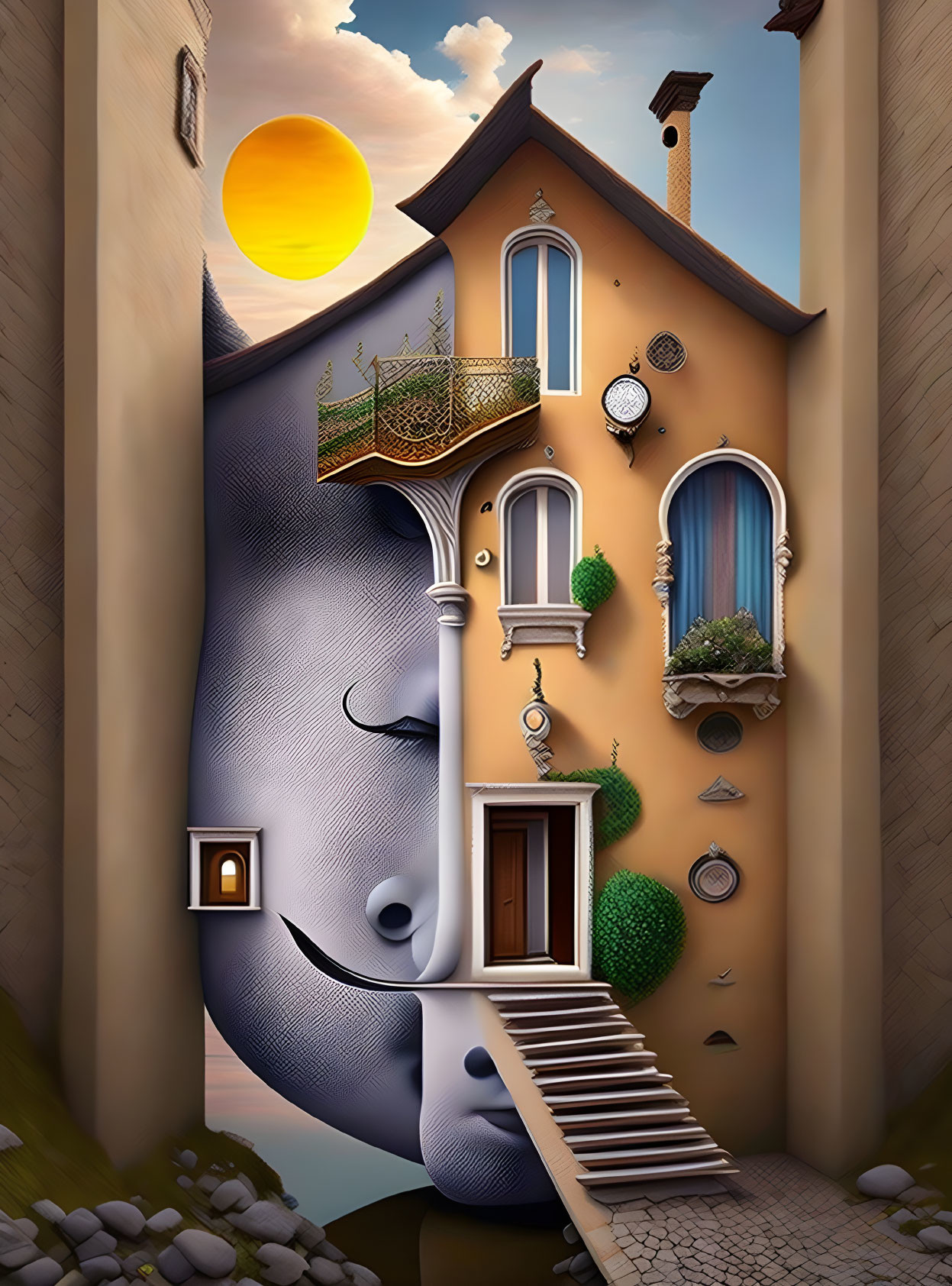 Surreal house with human-like features against evening sky