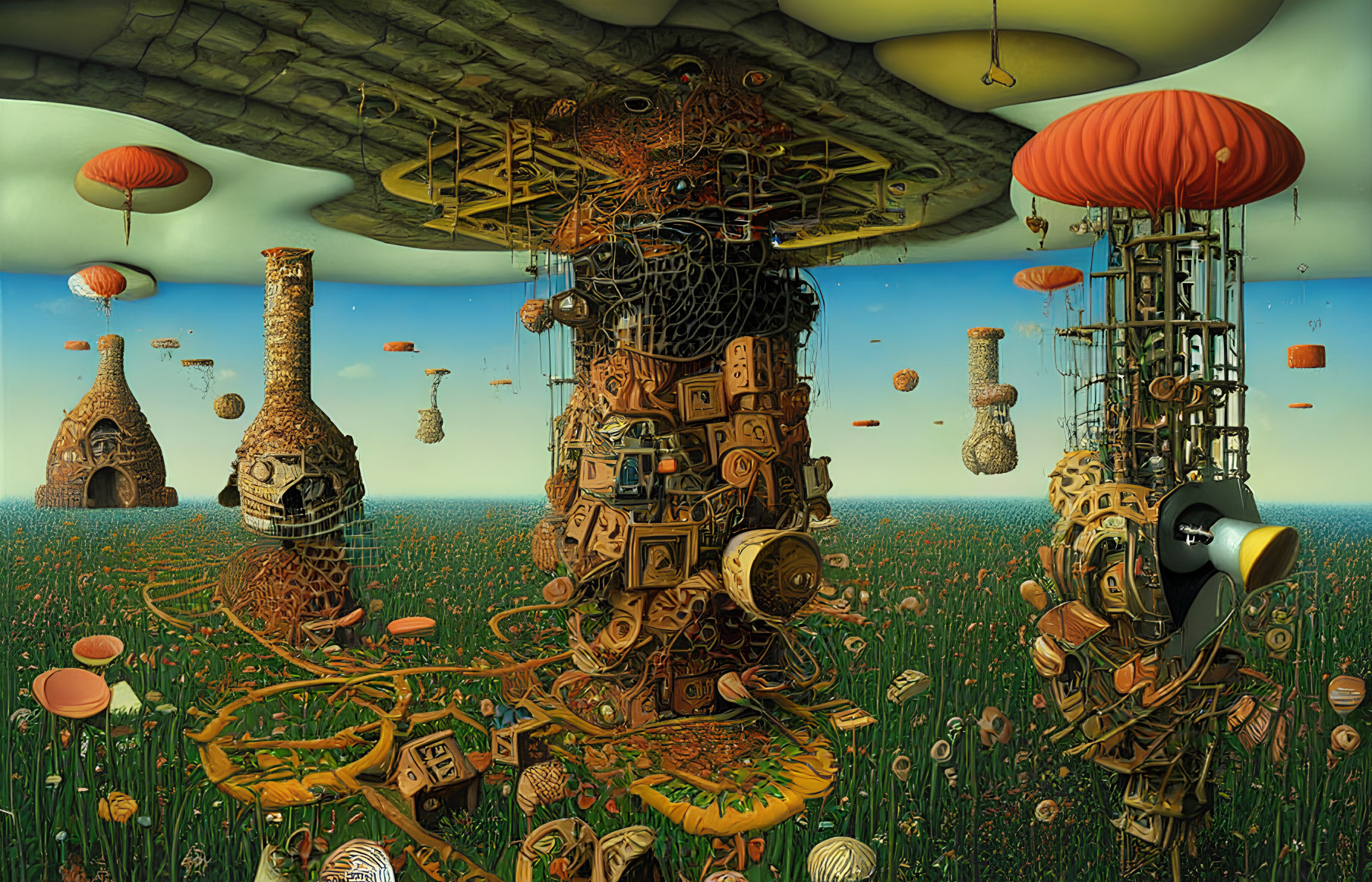 Surreal landscape with mechanical towers and floating islands