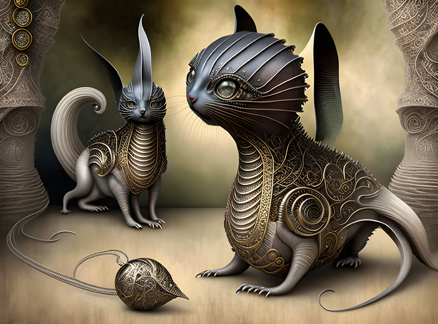 Intricate metallic designs of fantastical mechanical cats