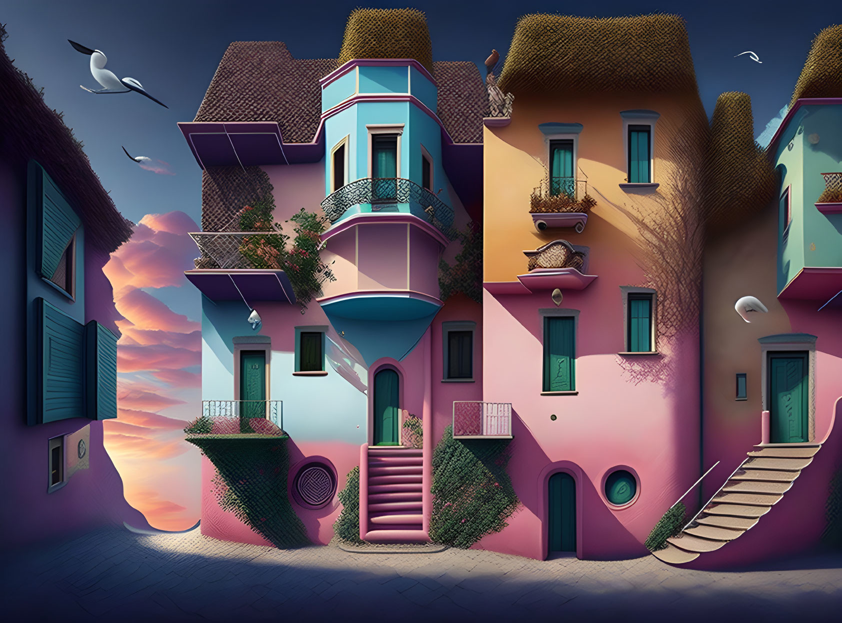 Colorful Curved Buildings with Surreal Elements Under Dusky Sky