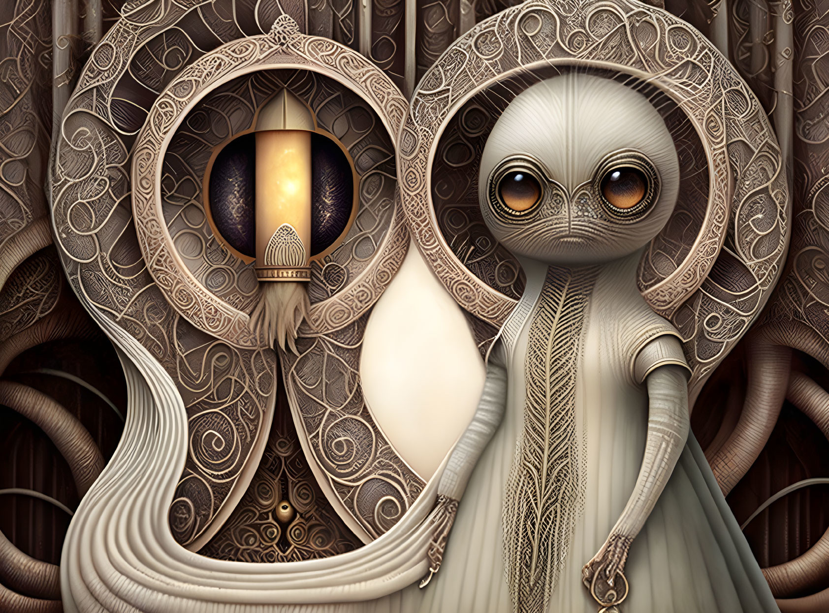 Alien creature in ornate robe with large eyes in intricate room